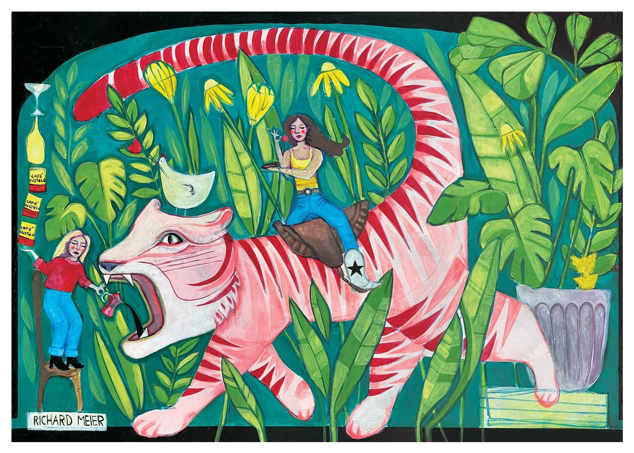Funky painting of a pink tiger surrounded by plants and two female roommates.