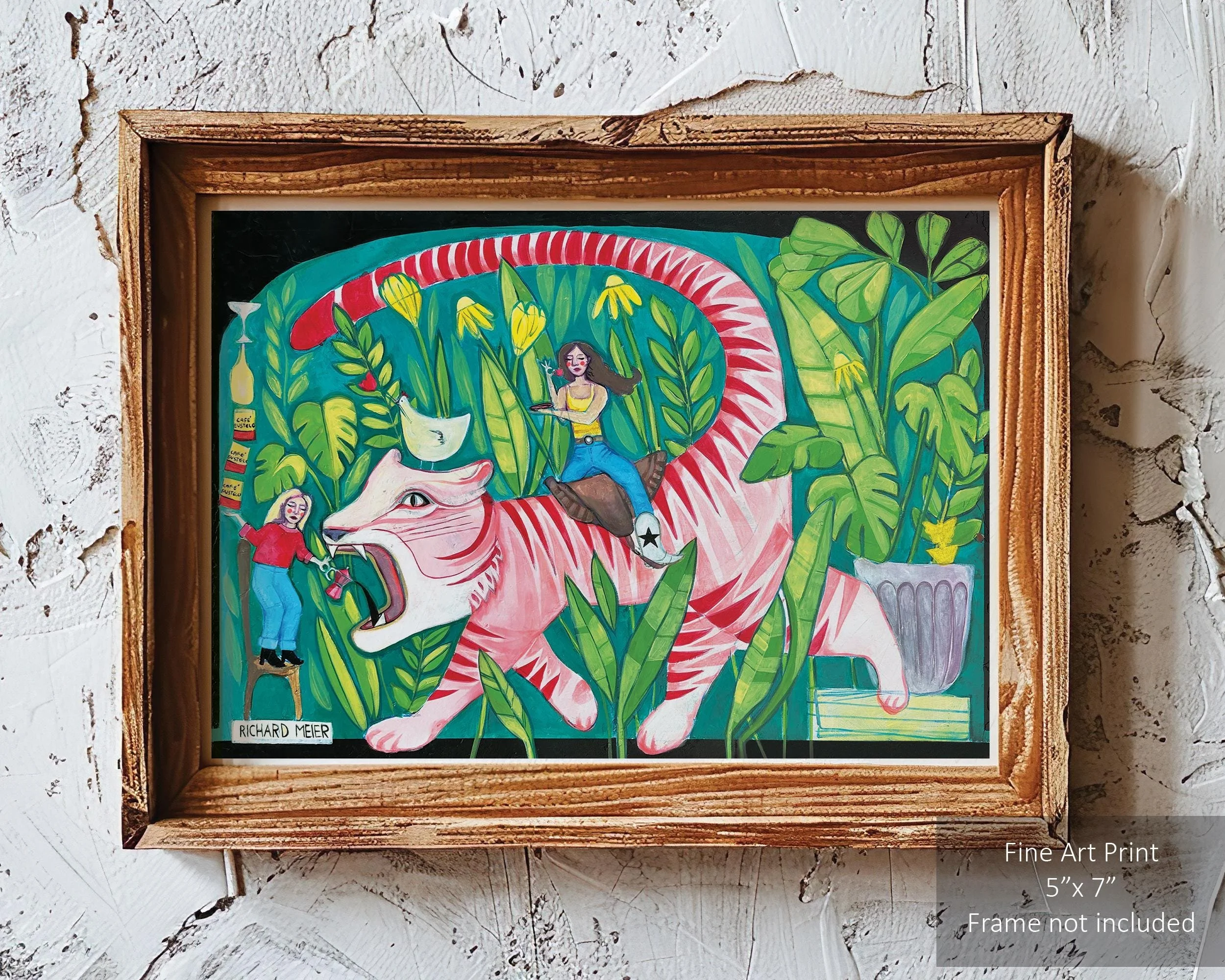 Funky painting of a pink tiger surrounded by plants and two female roommates.