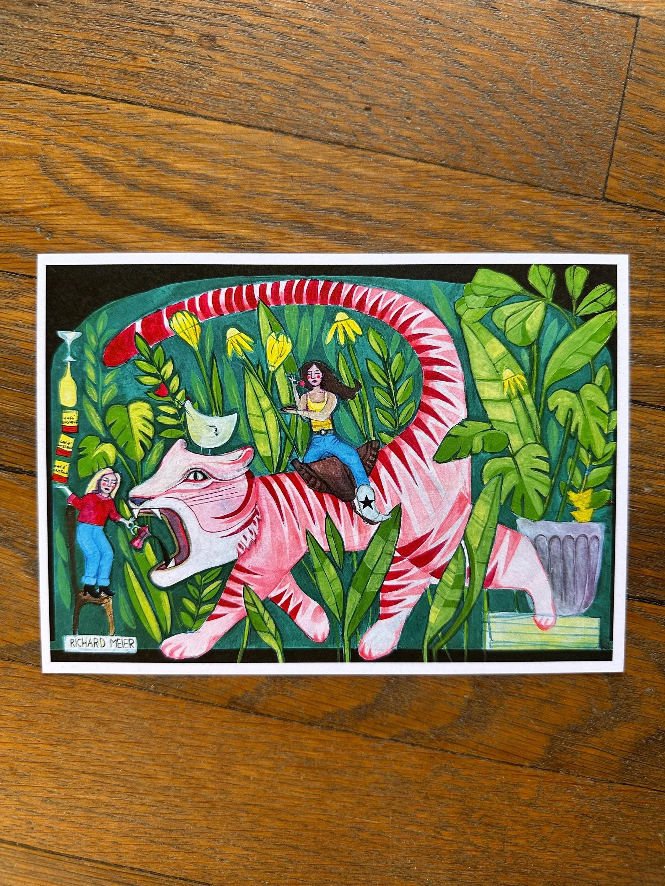 Funky painting of a pink tiger surrounded by plants and two female roommates.