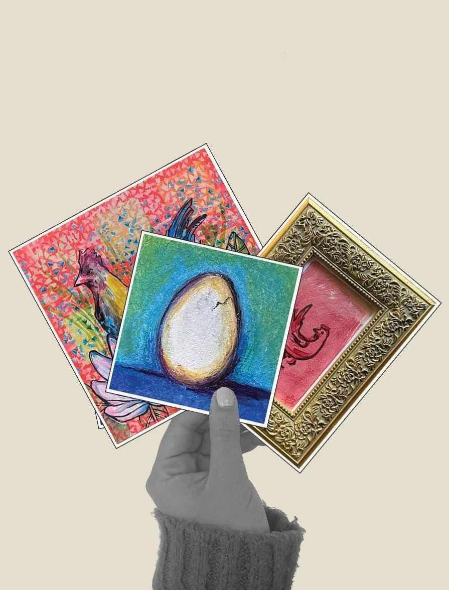 Set of paintings featuring a chicken and an egg with playful, bright colors.
