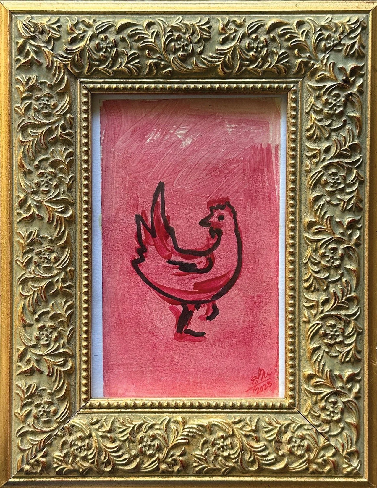 Pink chicken art print with playful and bright colors.