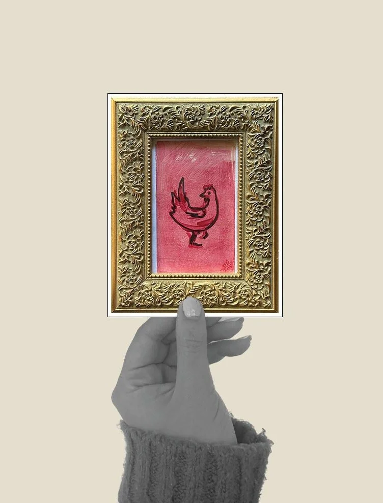 Pink chicken art print with playful and bright colors.