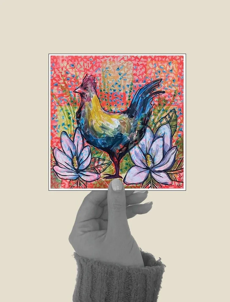 Colorful chicken art print featuring magnolia flowers.