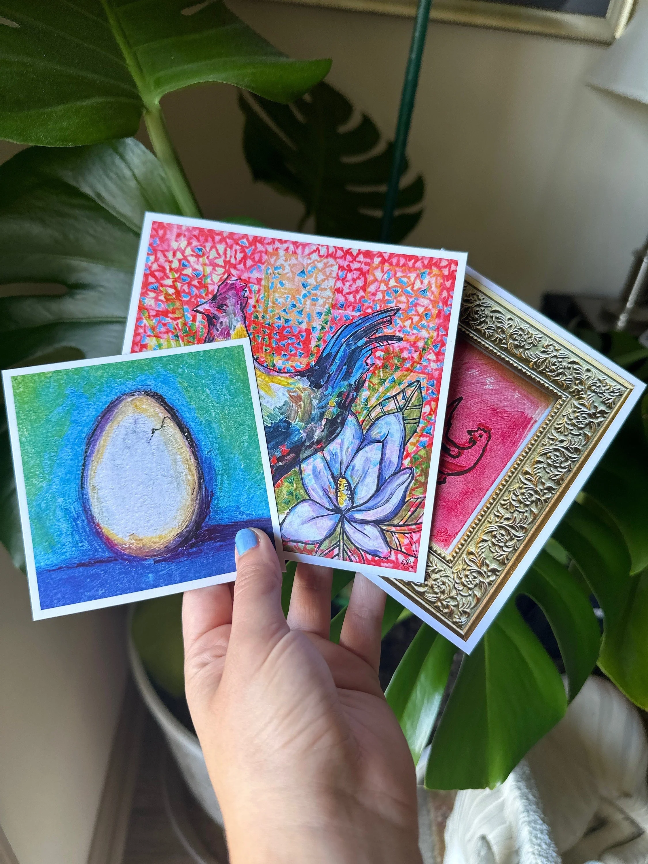 Set of paintings featuring a chicken and an egg with playful, bright colors.