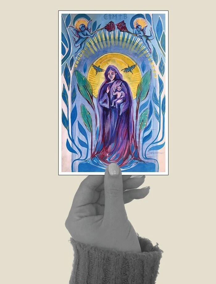 Colorful painting of Mary with rich hues and artistic flair.