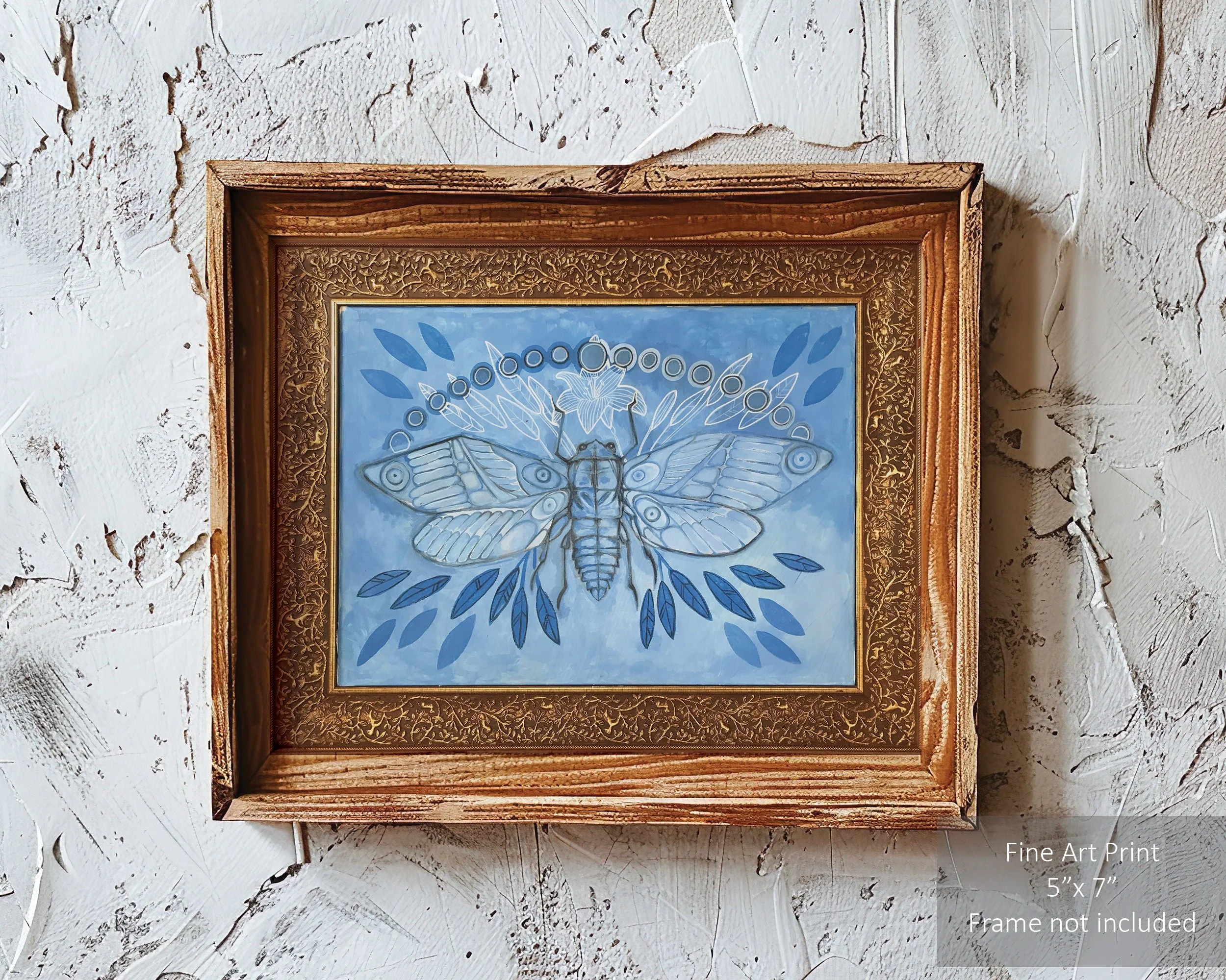 Blue-toned painting featuring cicadas with abstract elements.