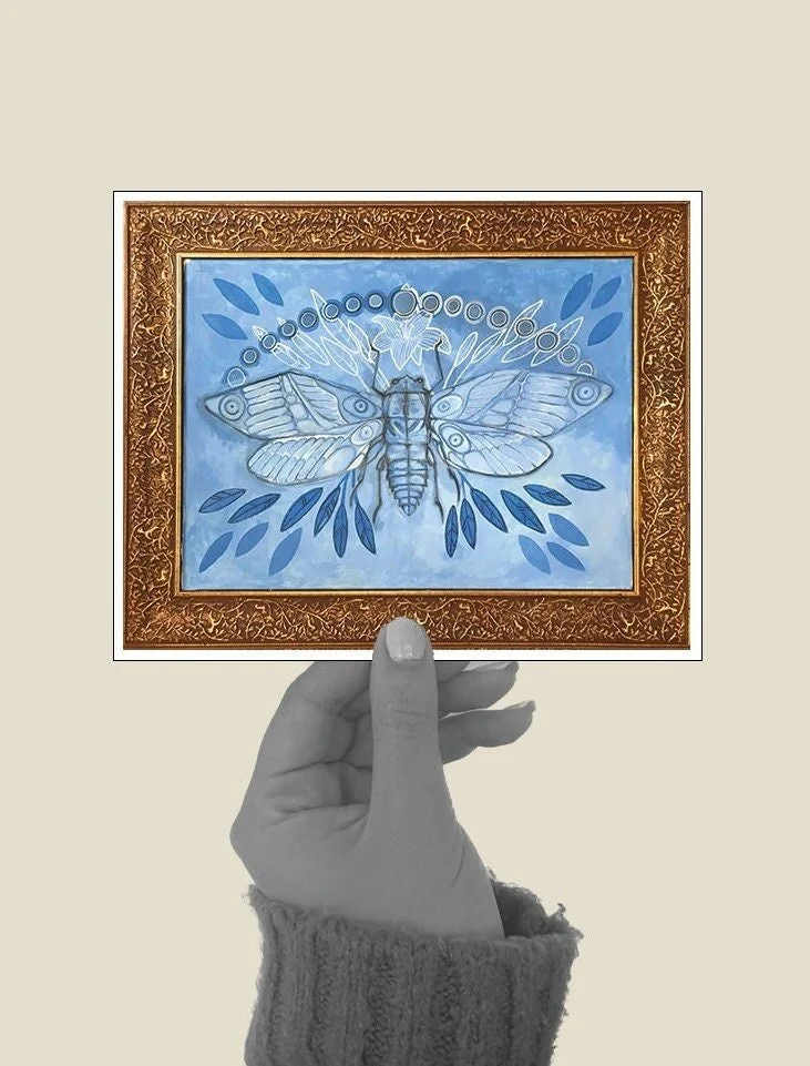 Blue-toned painting featuring cicadas with abstract elements.