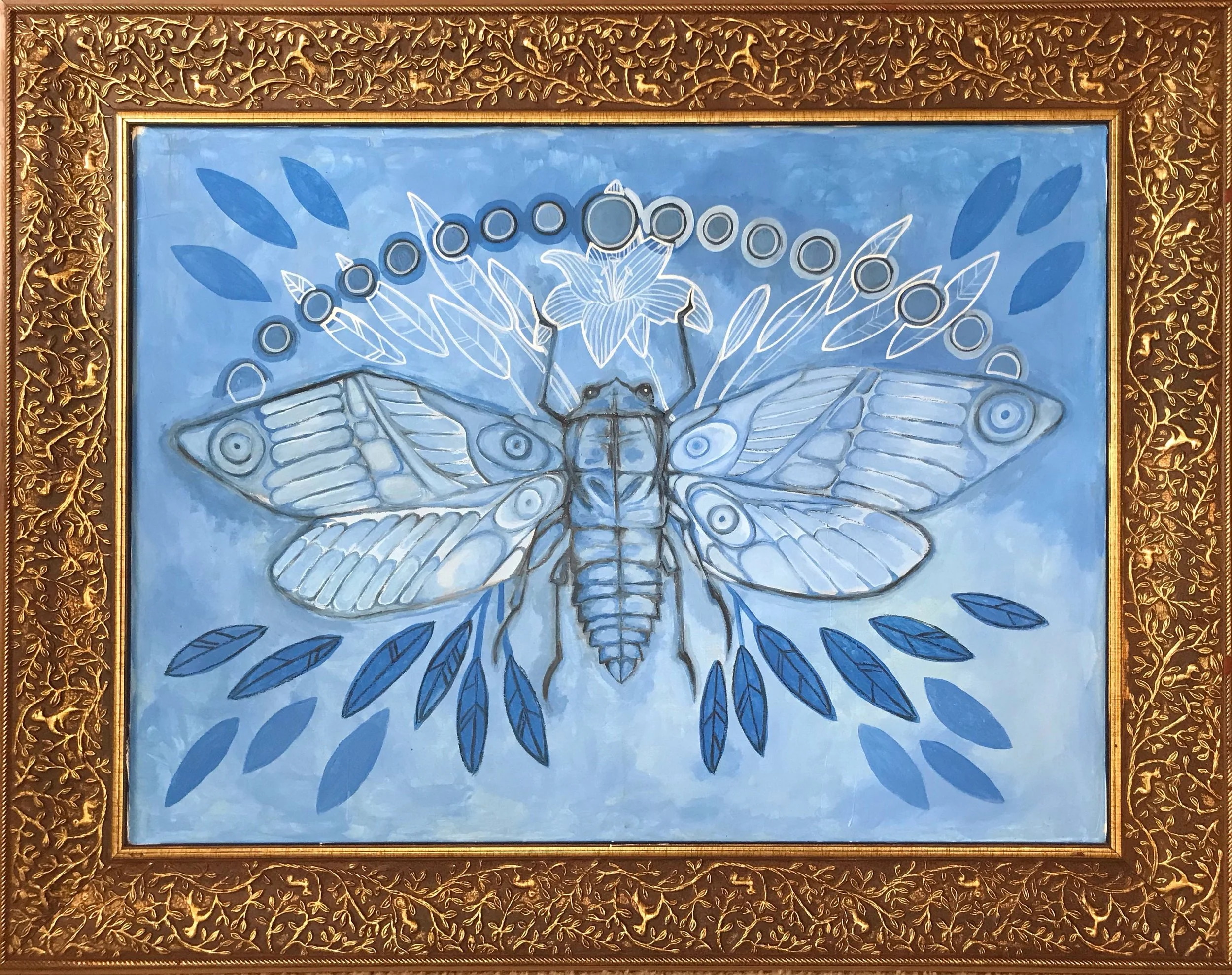 Blue-toned painting featuring cicadas with abstract elements.