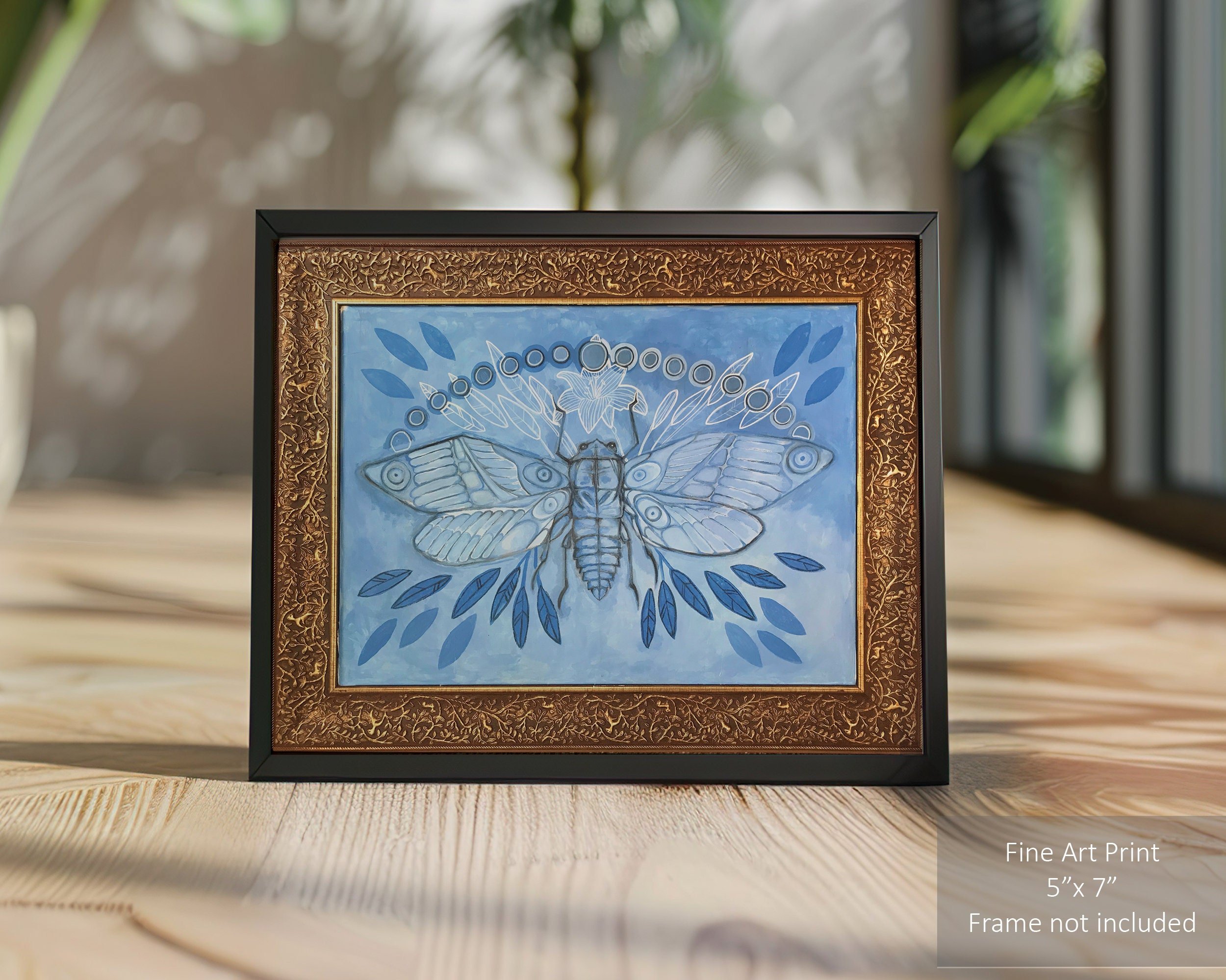 Blue-toned painting featuring cicadas with abstract elements.