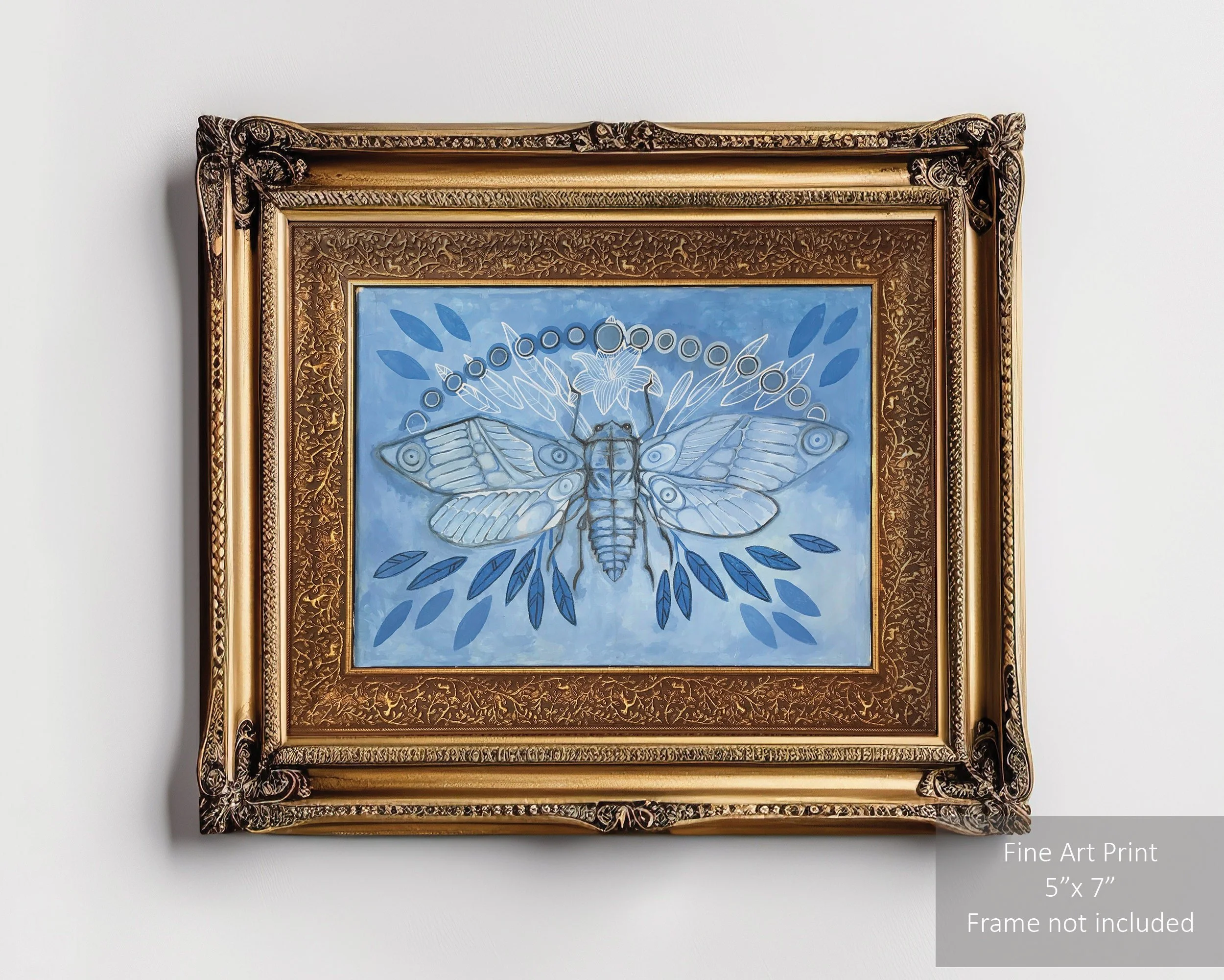 Blue-toned painting featuring cicadas with abstract elements.