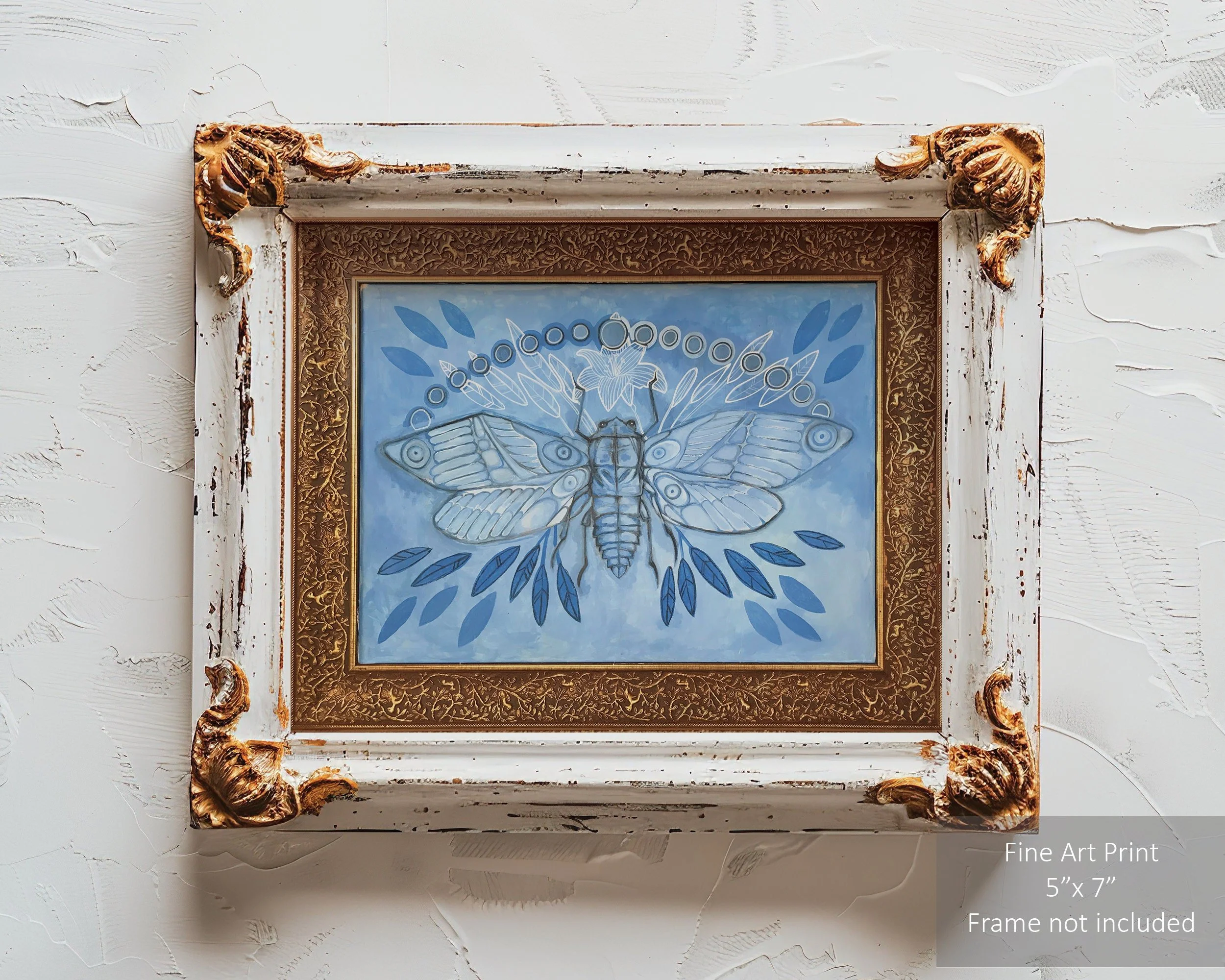 Blue-toned painting featuring cicadas with abstract elements.