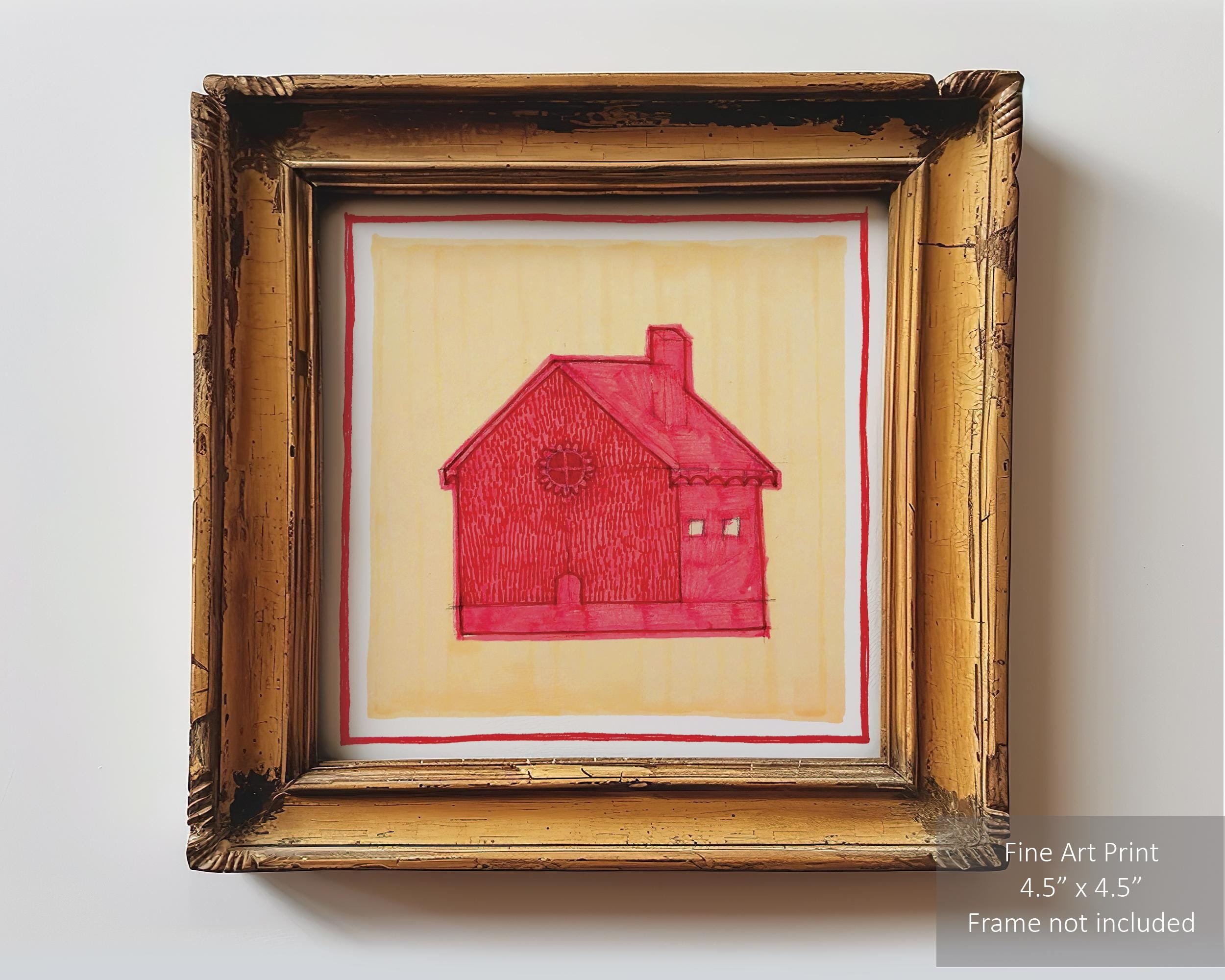 Red house painted against a bright yellow background.