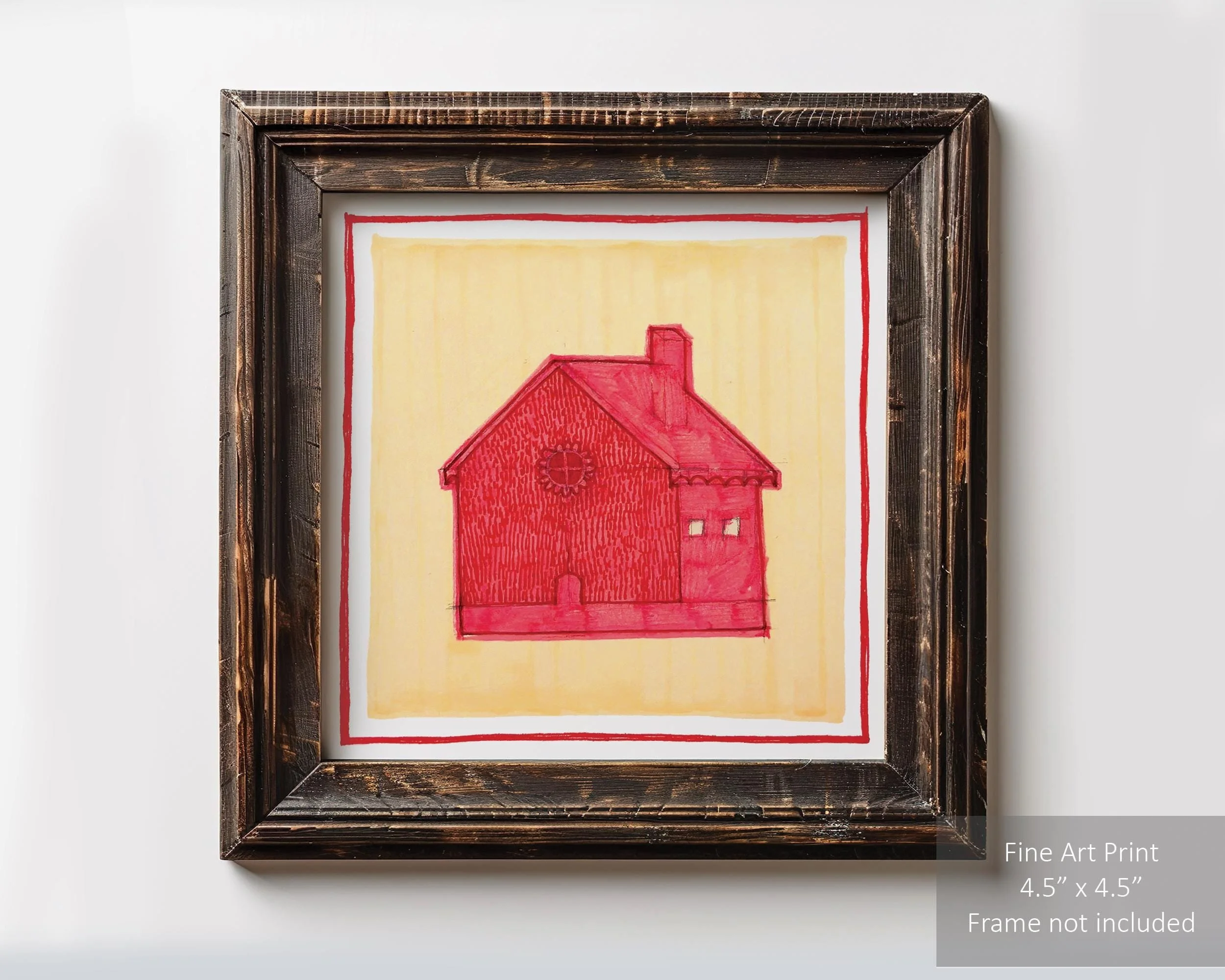 Red house painted against a bright yellow background.