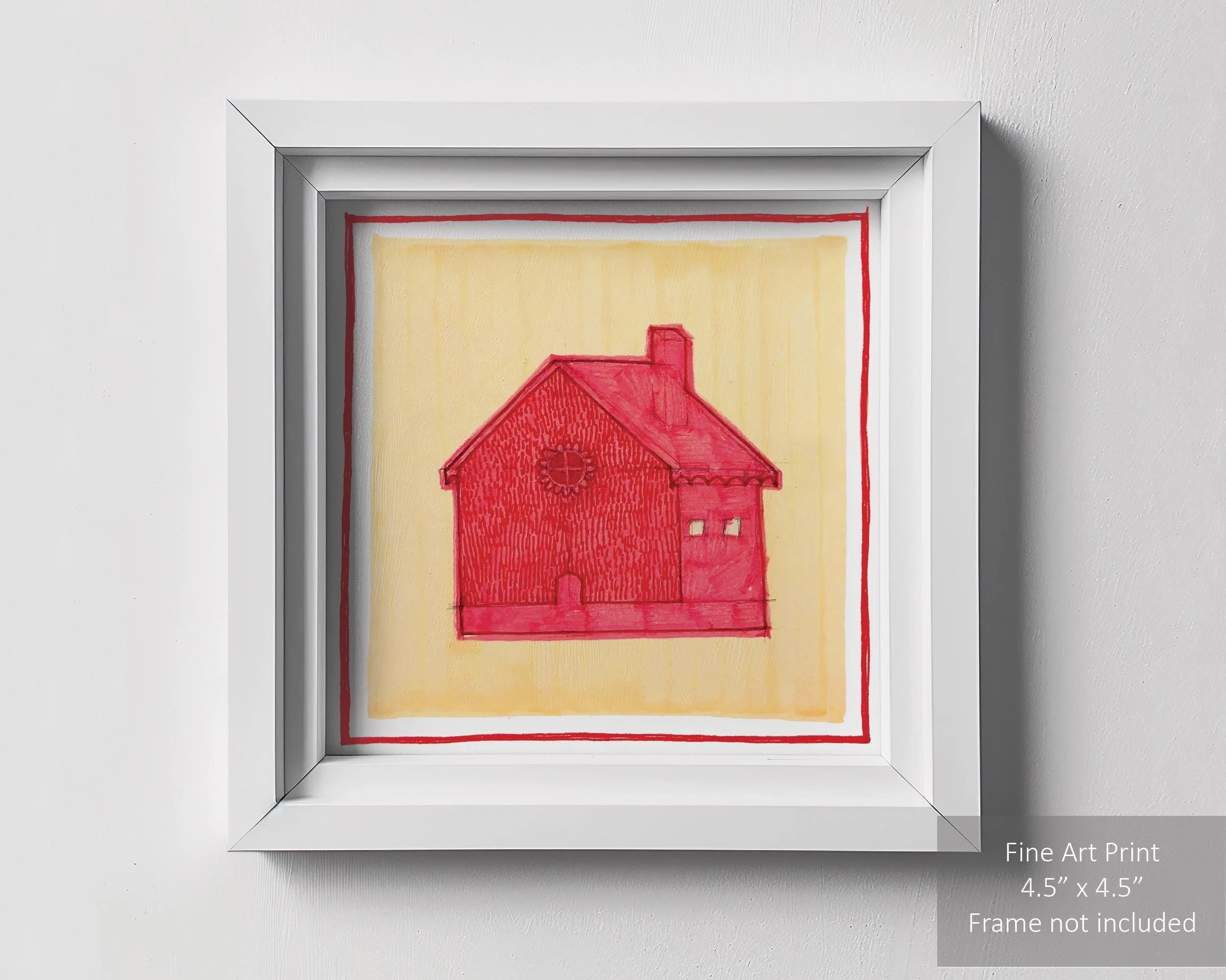 Red house painted against a bright yellow background.