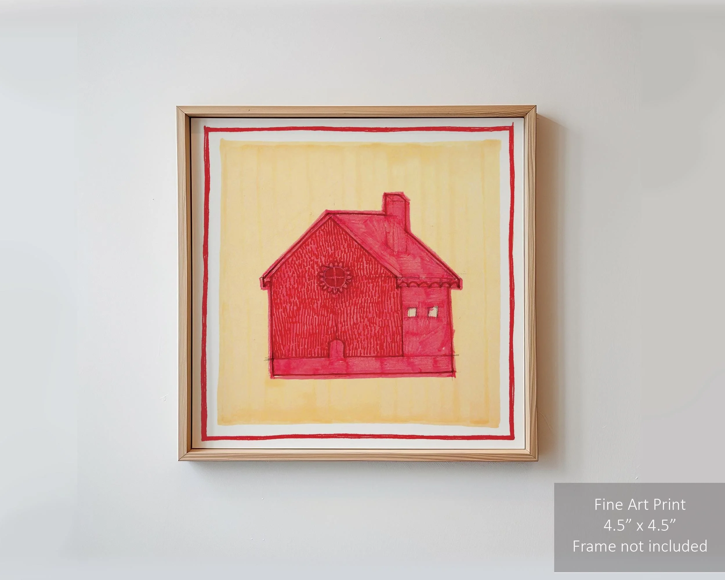 Red house painted against a bright yellow background.