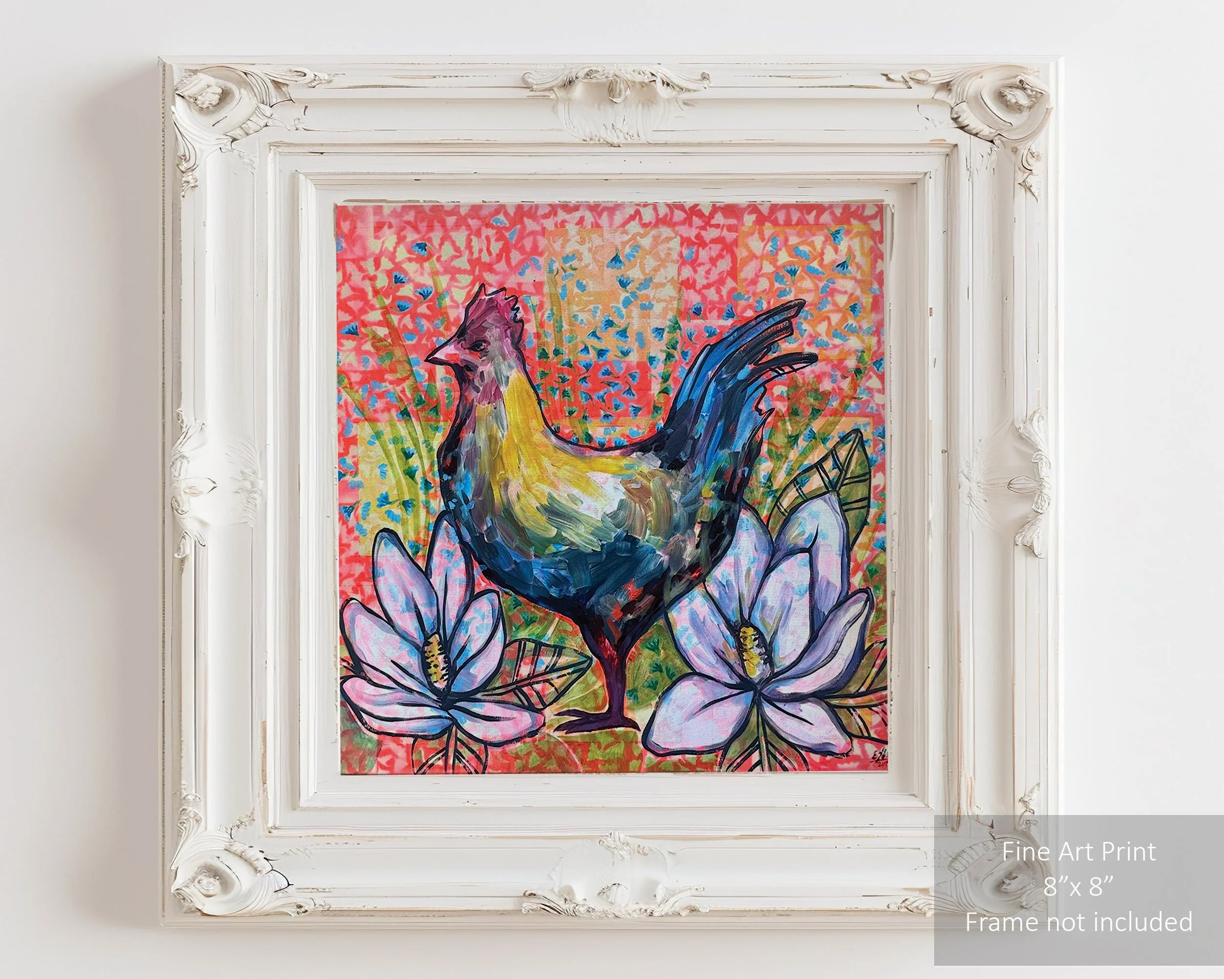 Colorful chicken art print featuring magnolia flowers.