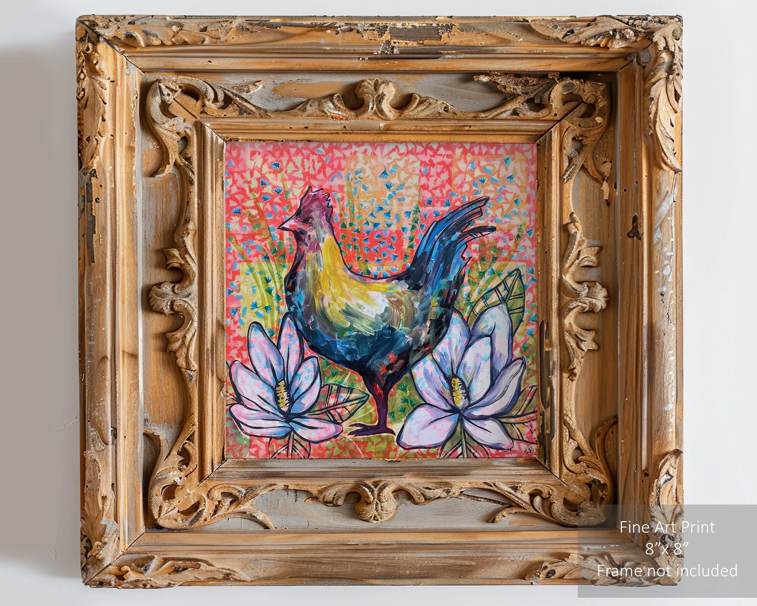 Colorful chicken art print featuring magnolia flowers.
