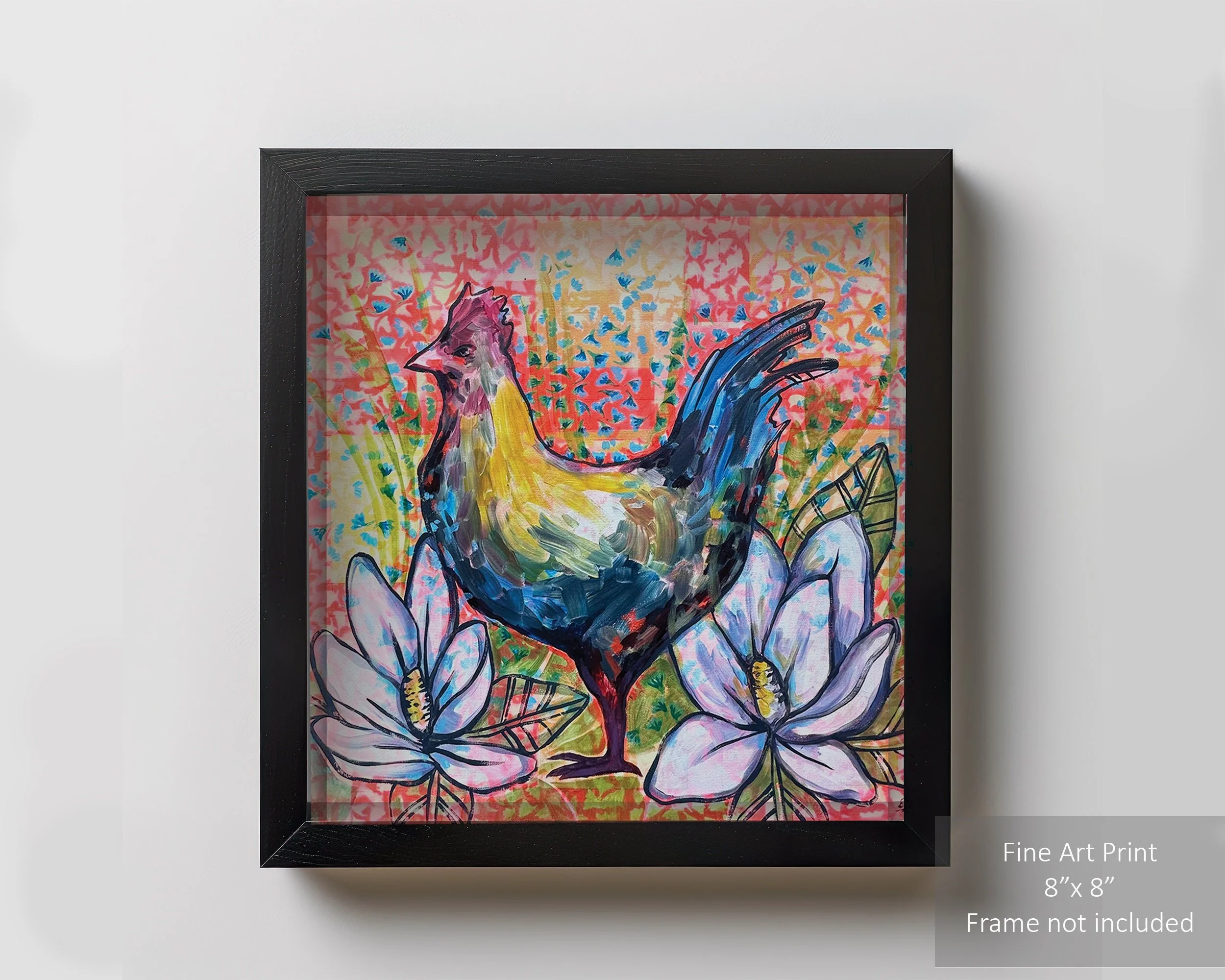Colorful chicken art print featuring magnolia flowers.
