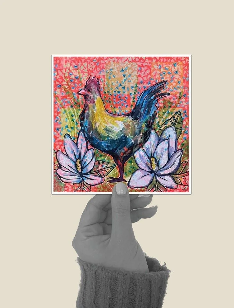 Colorful chicken art print featuring magnolia flowers.