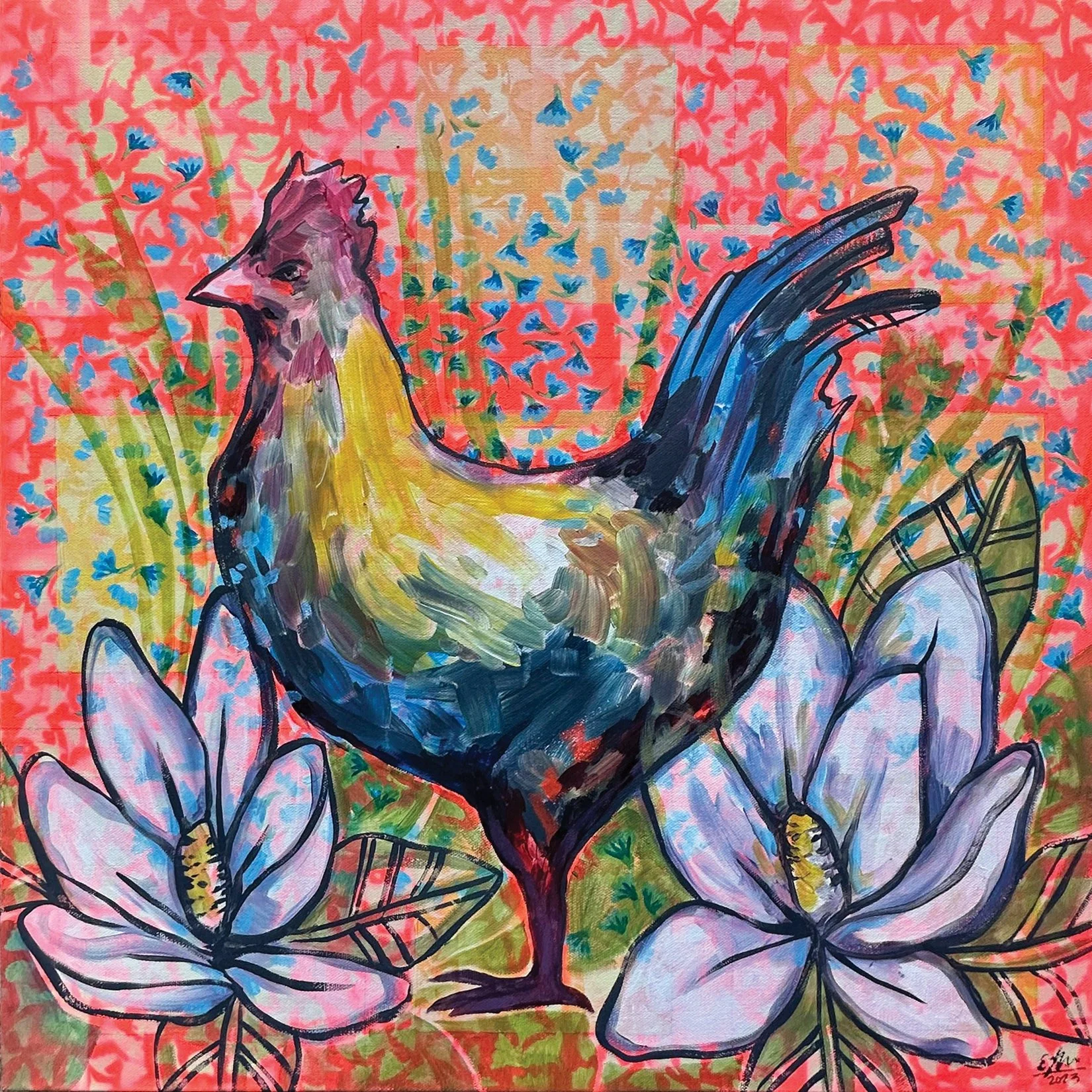 Colorful chicken art print featuring magnolia flowers.