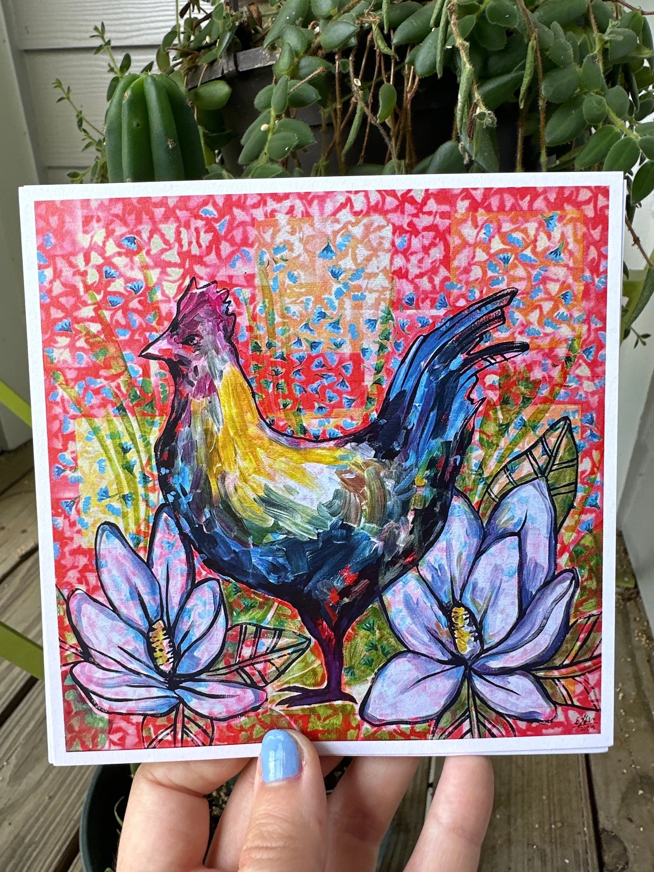 Colorful chicken art print featuring magnolia flowers.