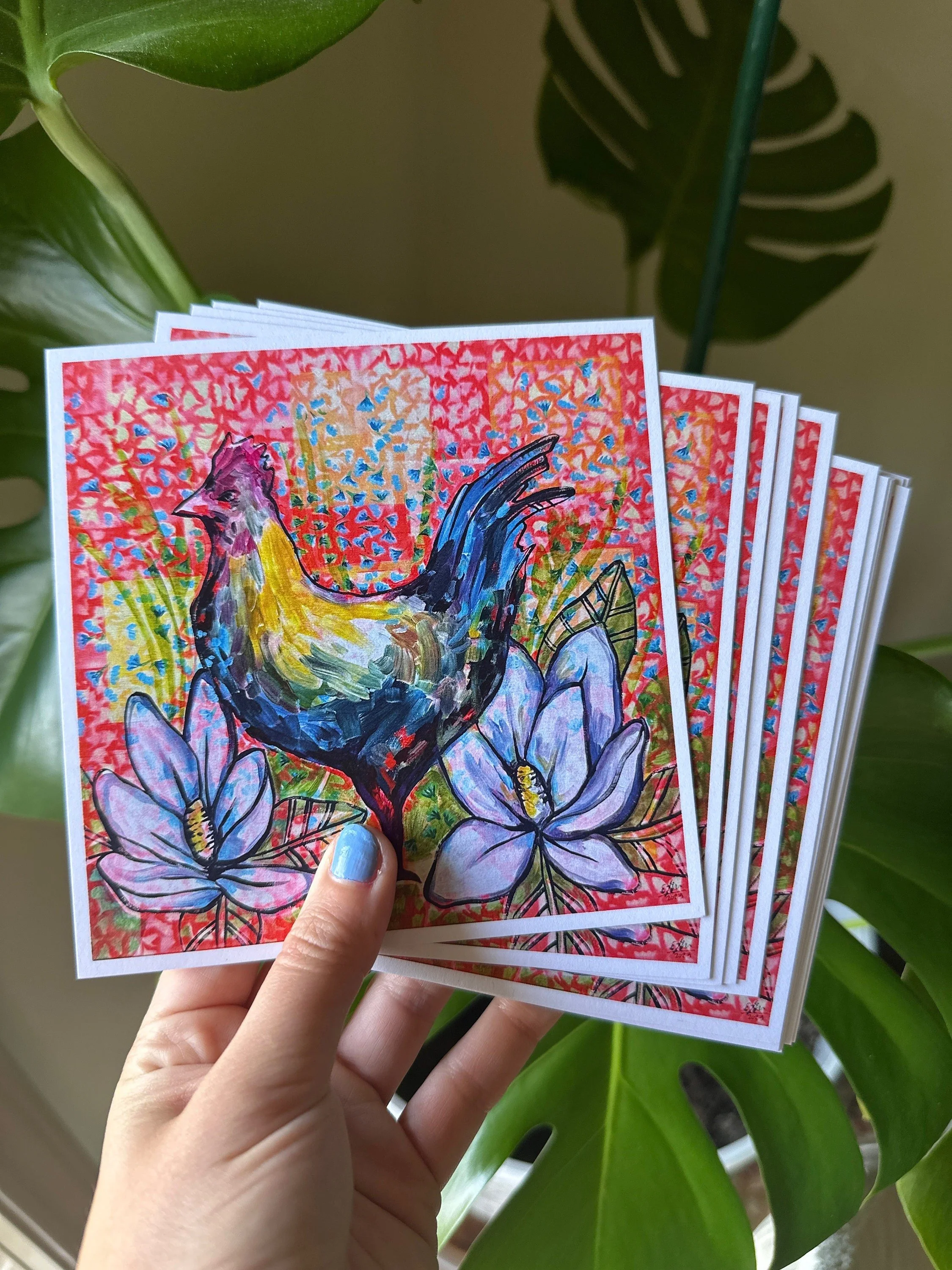 Colorful chicken art print featuring magnolia flowers.