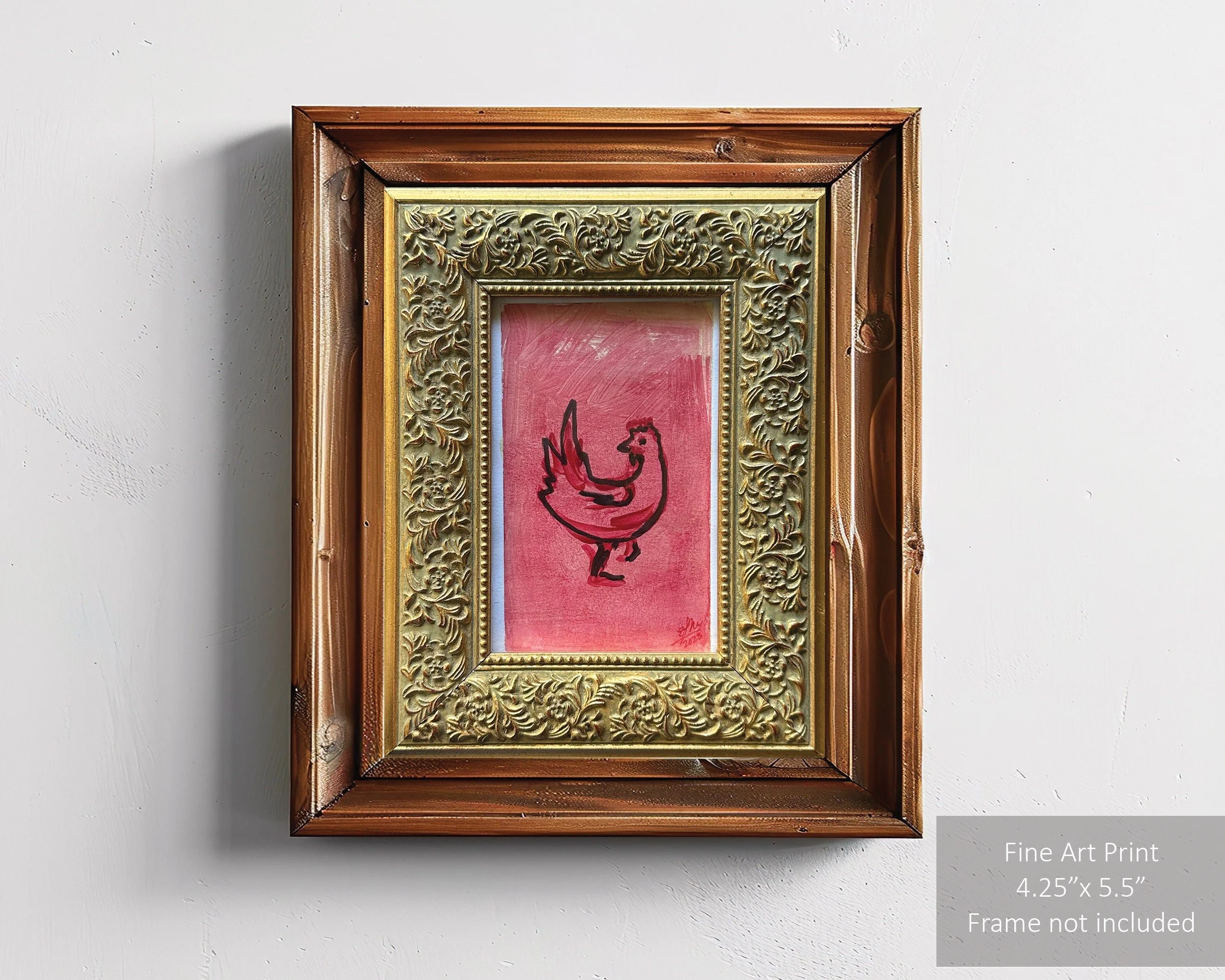 Pink chicken art print with playful and bright colors.
