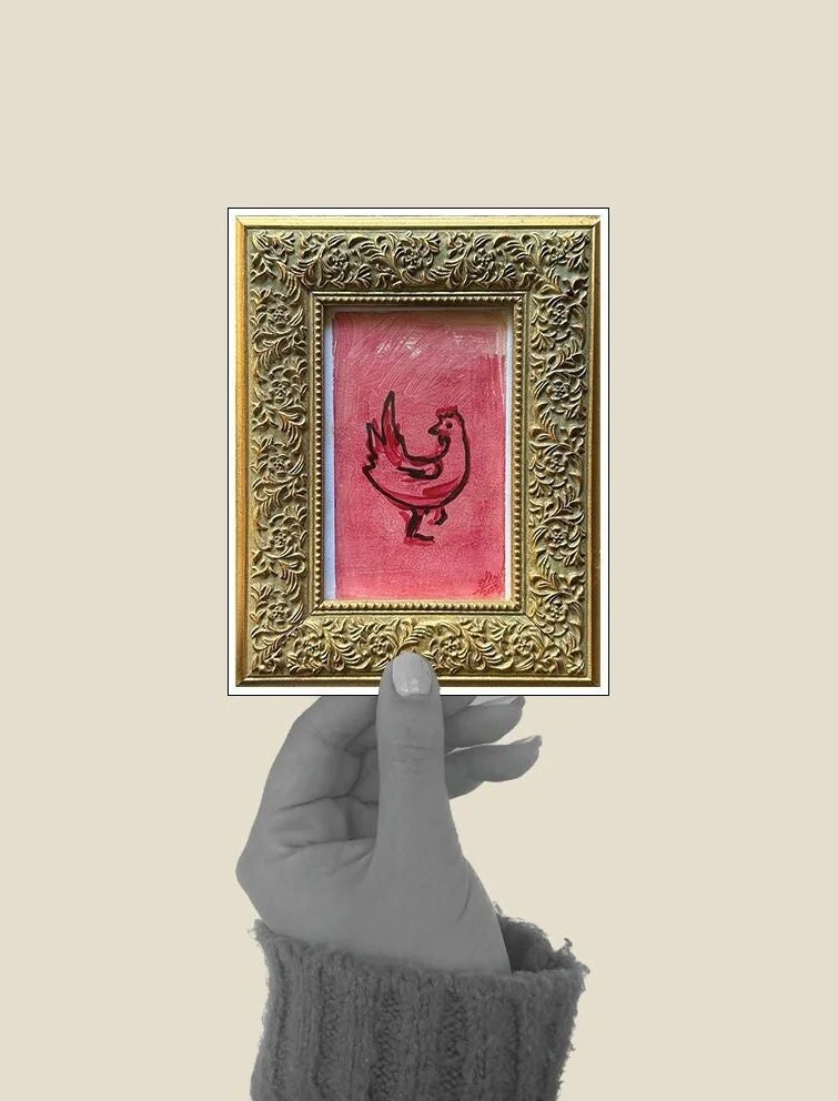 Pink chicken art print with playful and bright colors.