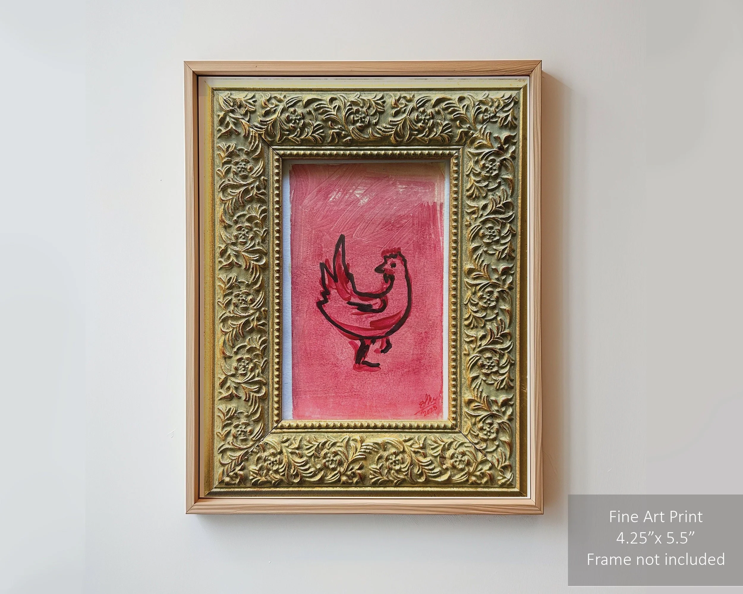 Pink chicken art print with playful and bright colors.