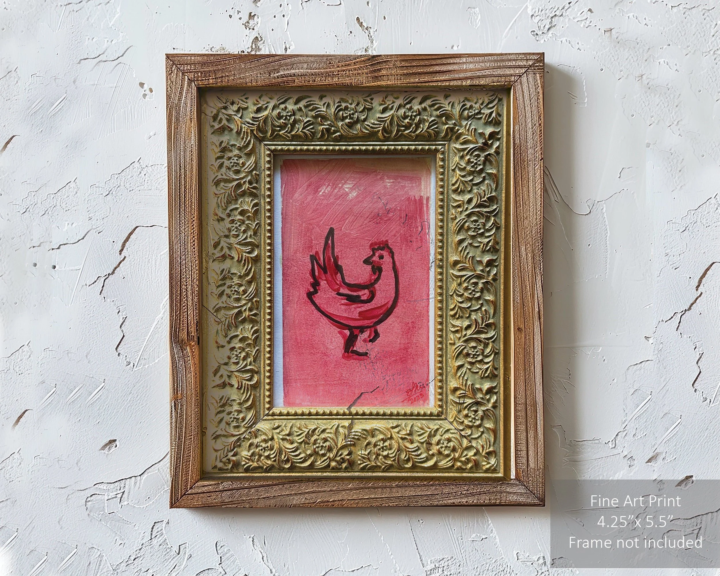 Pink chicken art print with playful and bright colors.