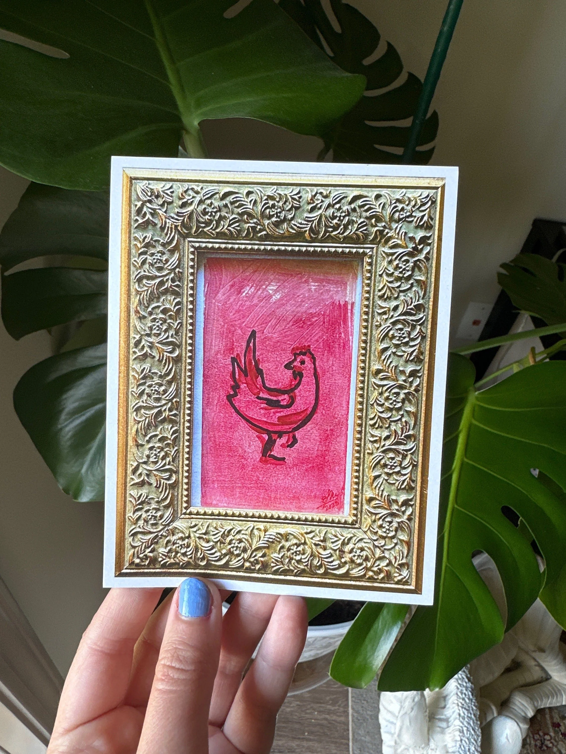 Pink chicken art print with playful and bright colors.