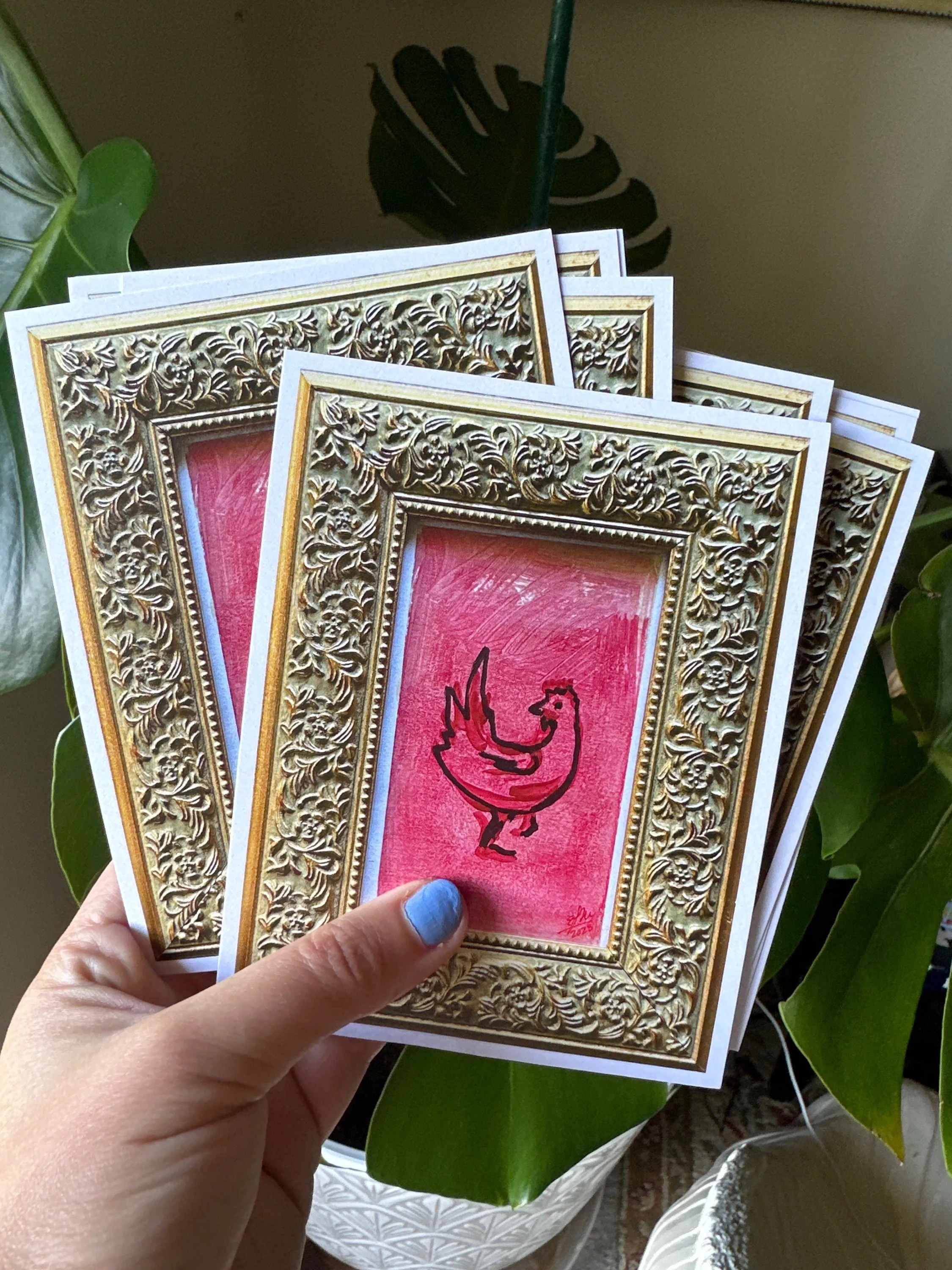 Pink chicken art print with playful and bright colors.