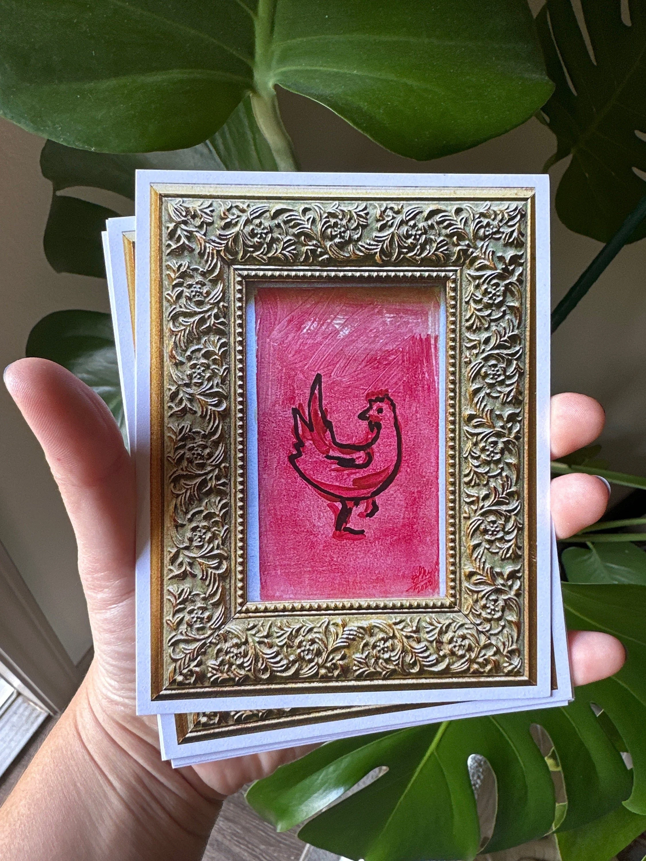Pink chicken art print with playful and bright colors.