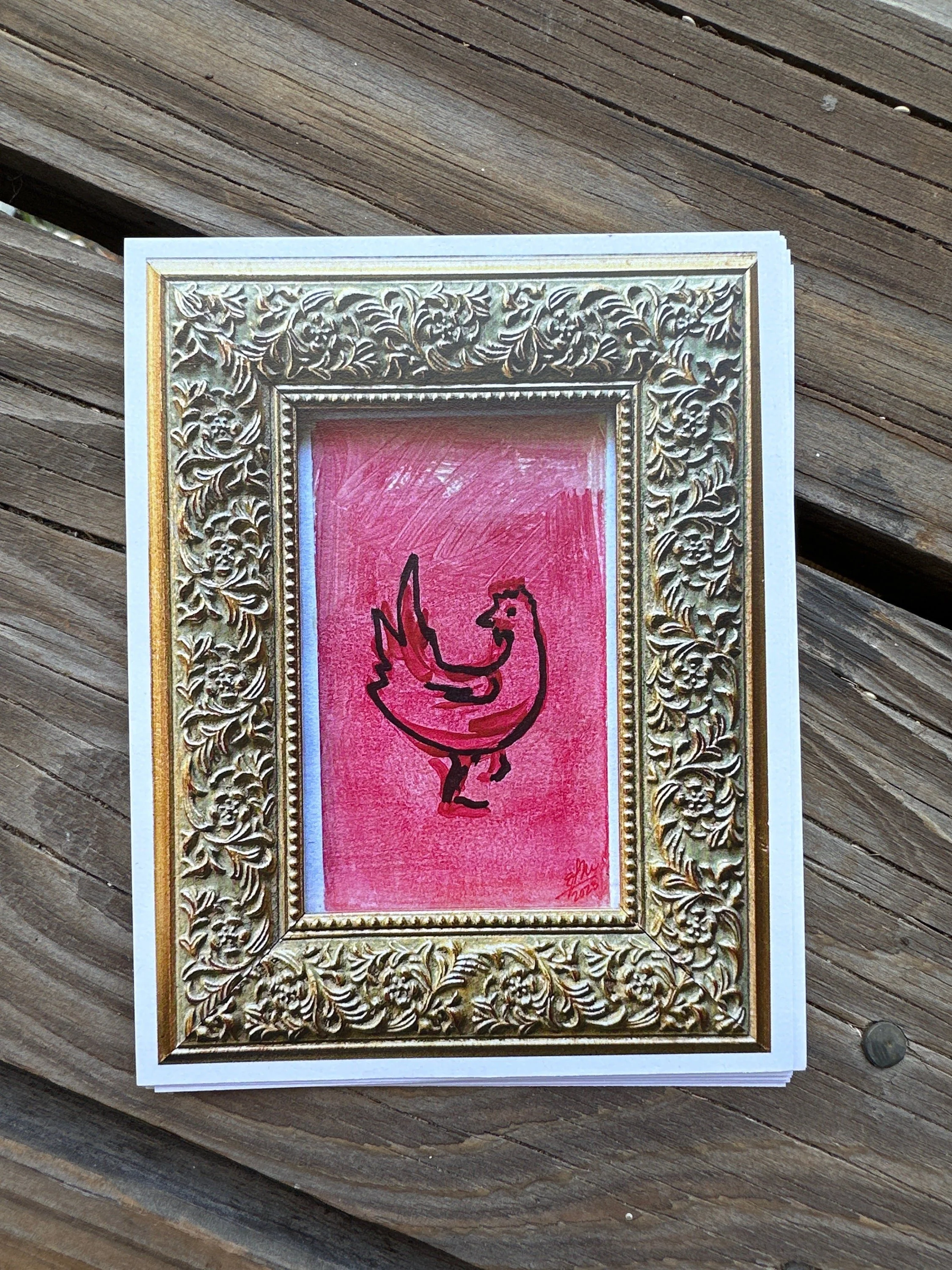 Pink chicken art print with playful and bright colors.