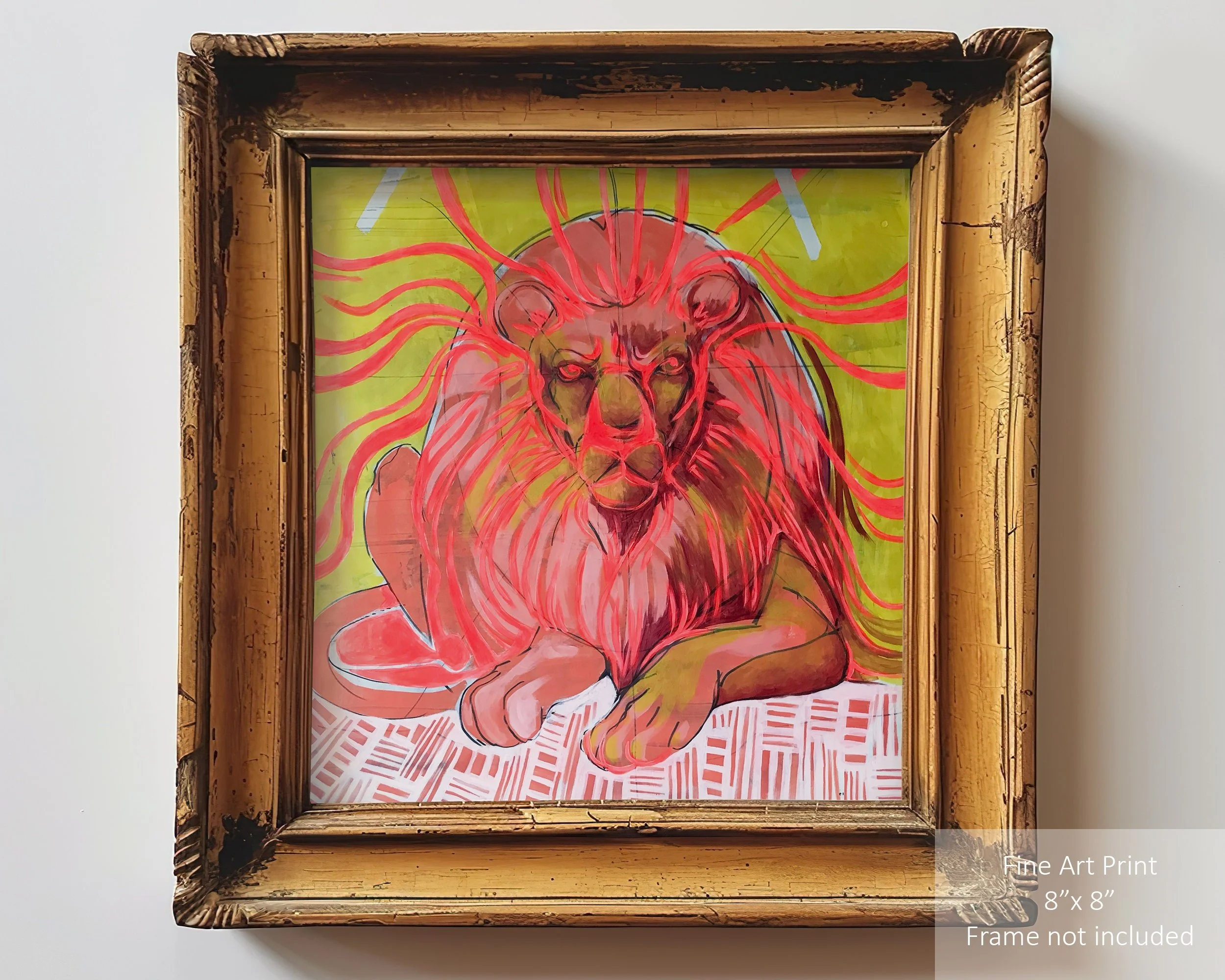 Pink lion art print with funky and vibrant style.