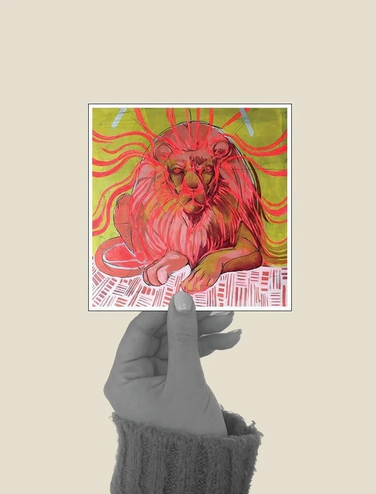 Pink lion art print with funky and vibrant style.