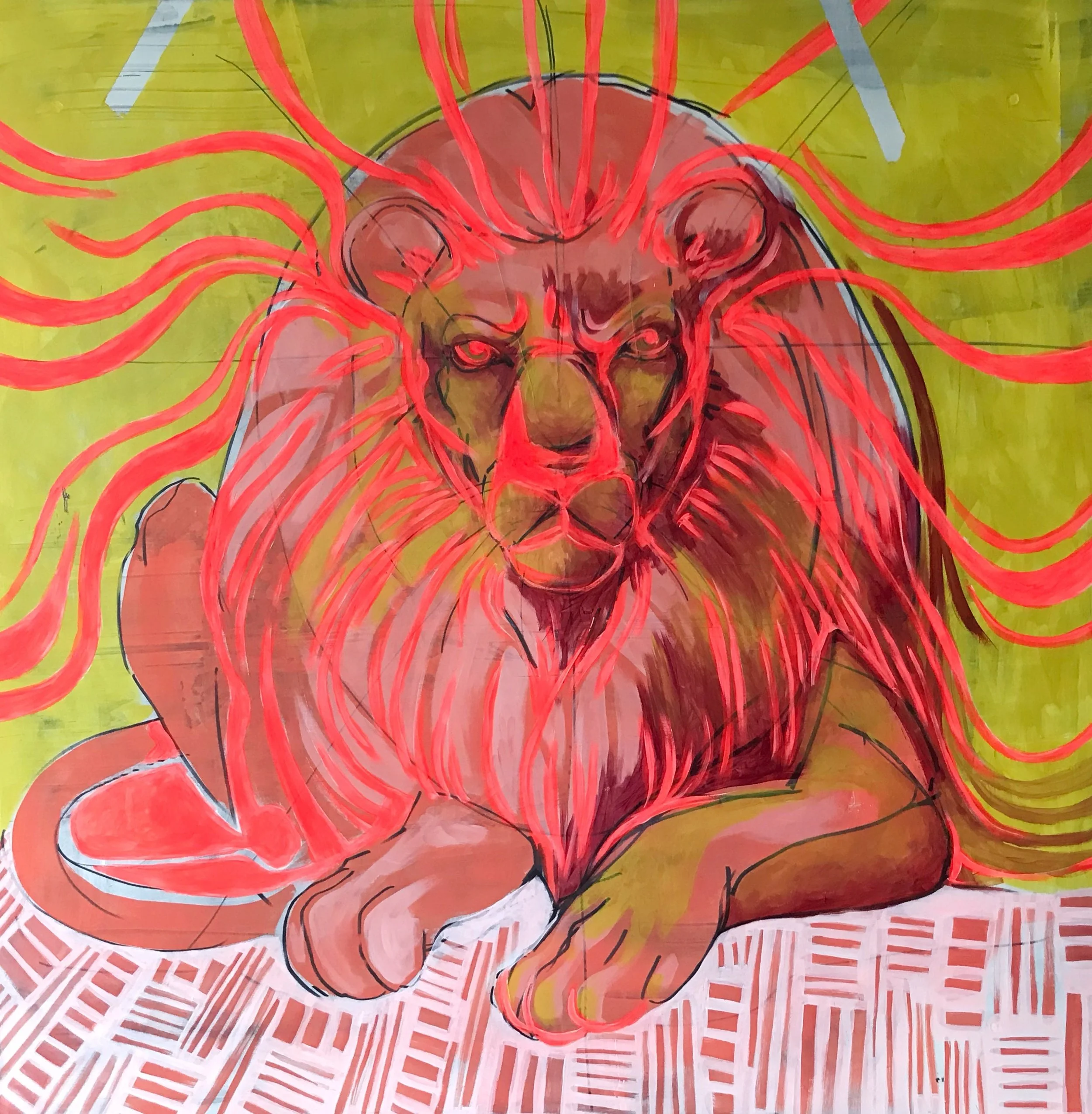 Pink lion art print with funky and vibrant style.