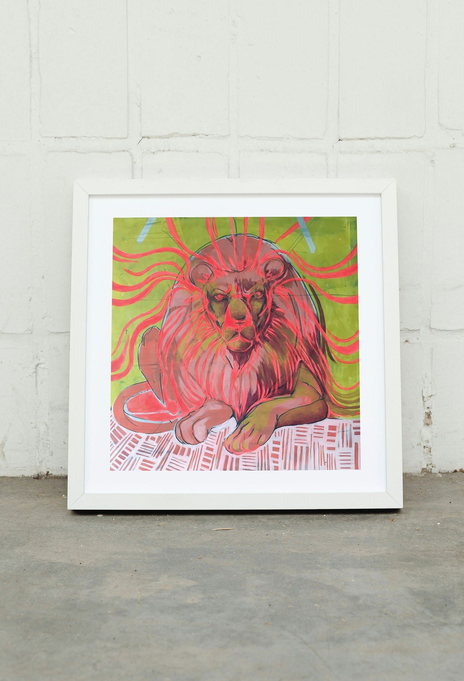 Pink lion art print with funky and vibrant style.