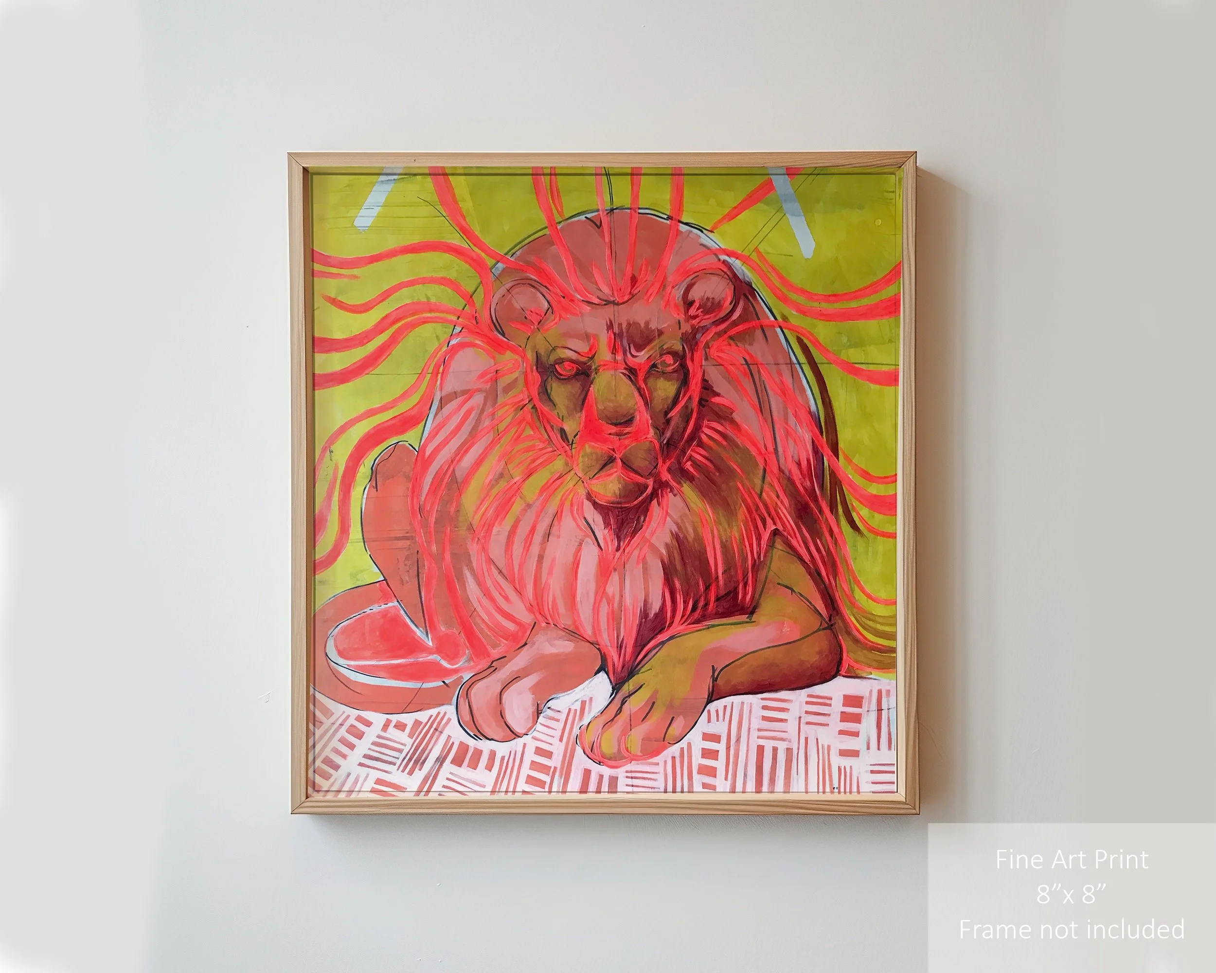 Pink lion art print with funky and vibrant style.