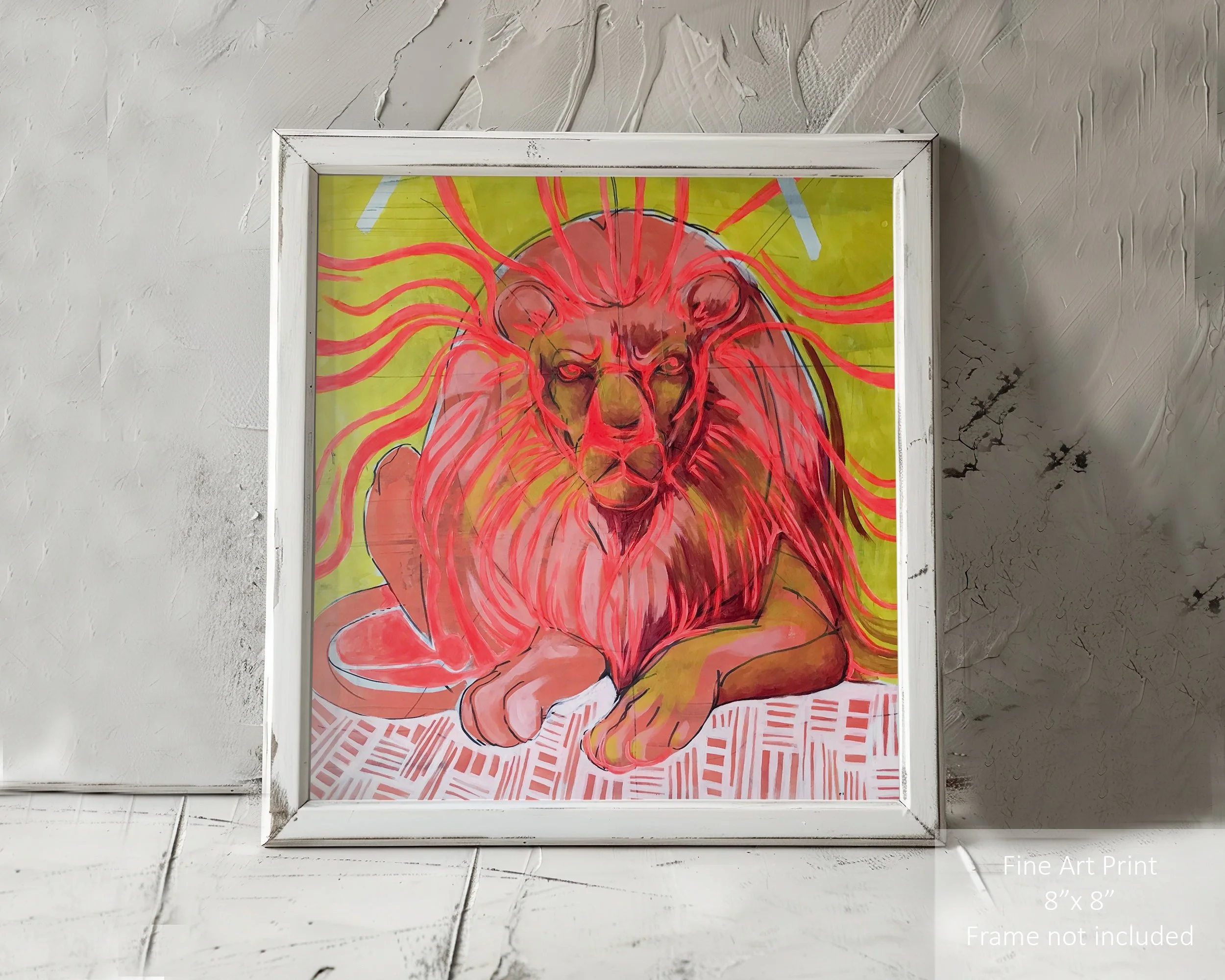 Pink lion art print with funky and vibrant style.