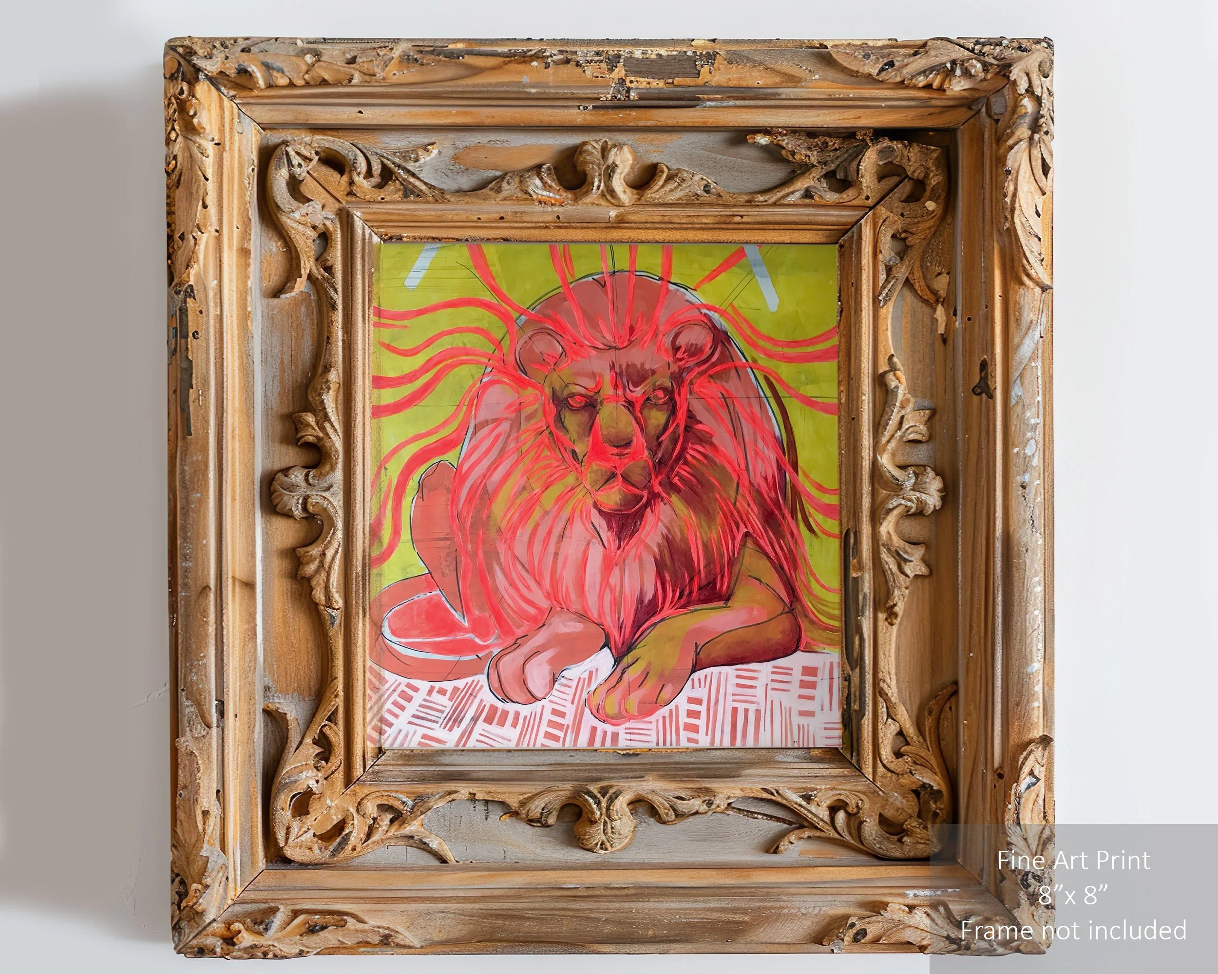 Pink lion art print with funky and vibrant style.