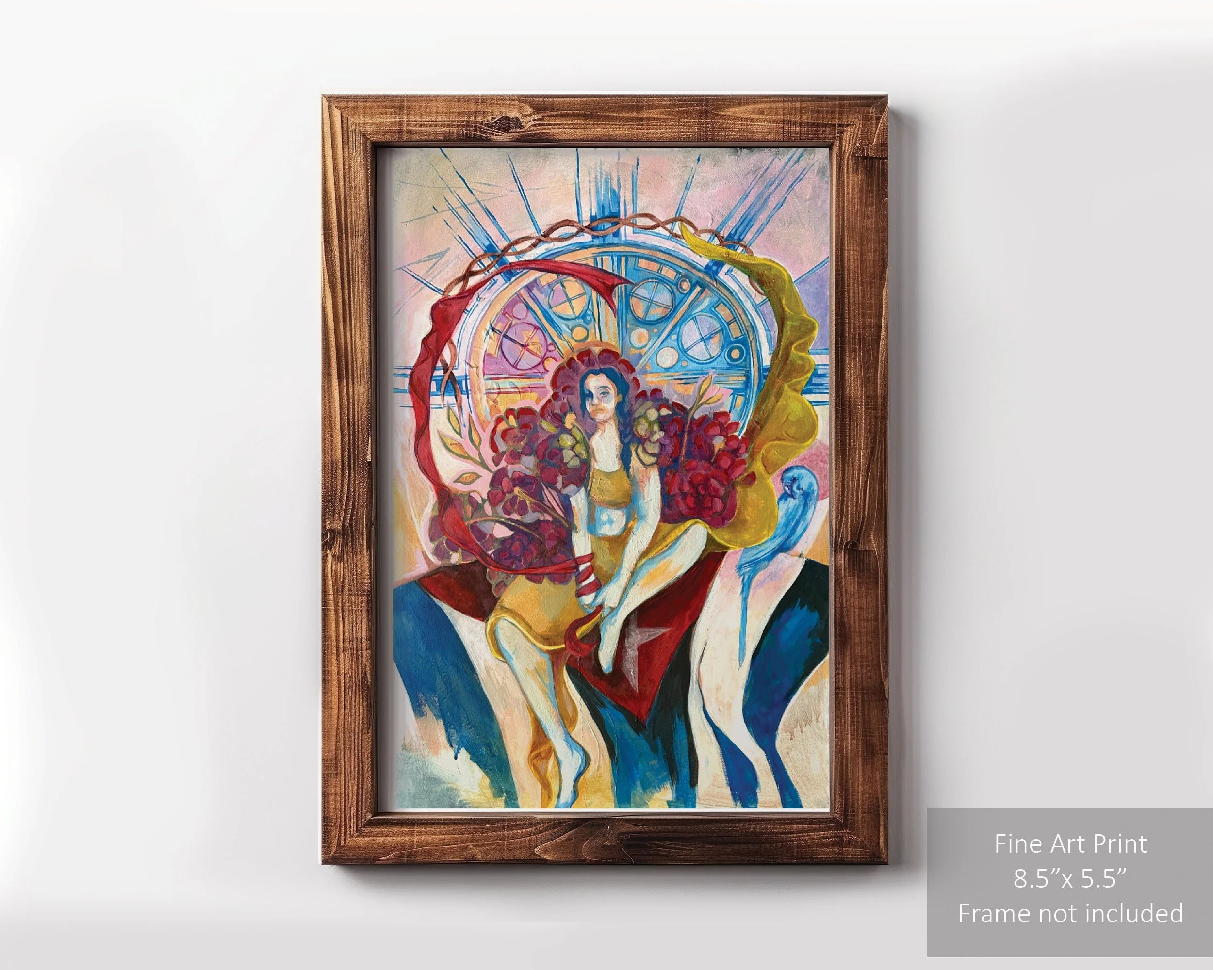 Fairy scene depicted over stained glass-style colorful background.