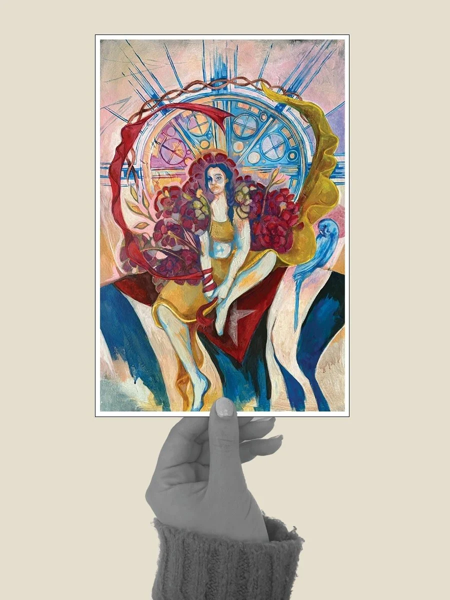 Fairy scene depicted over stained glass-style colorful background.