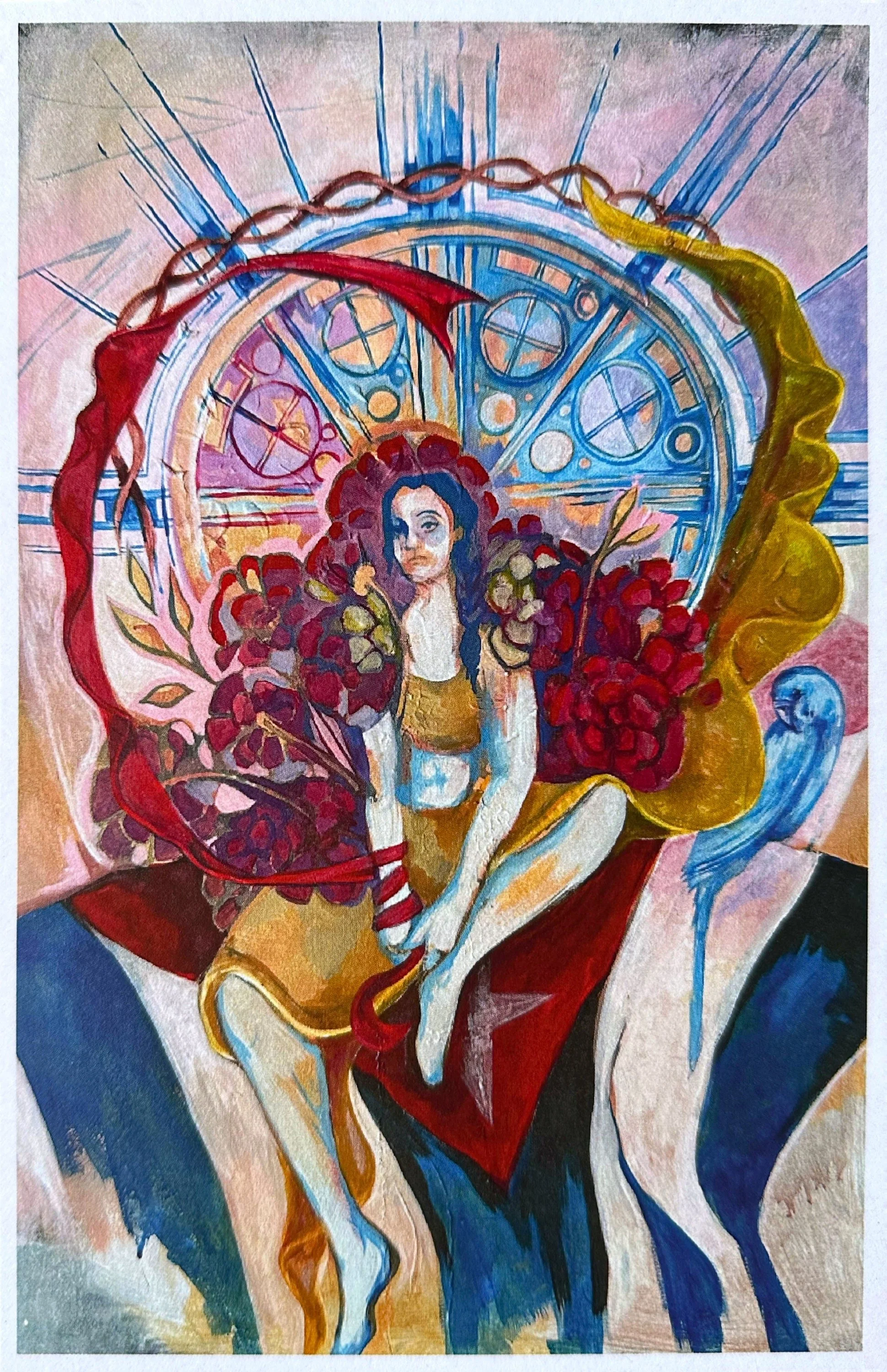 Fairy scene depicted over stained glass-style colorful background.
