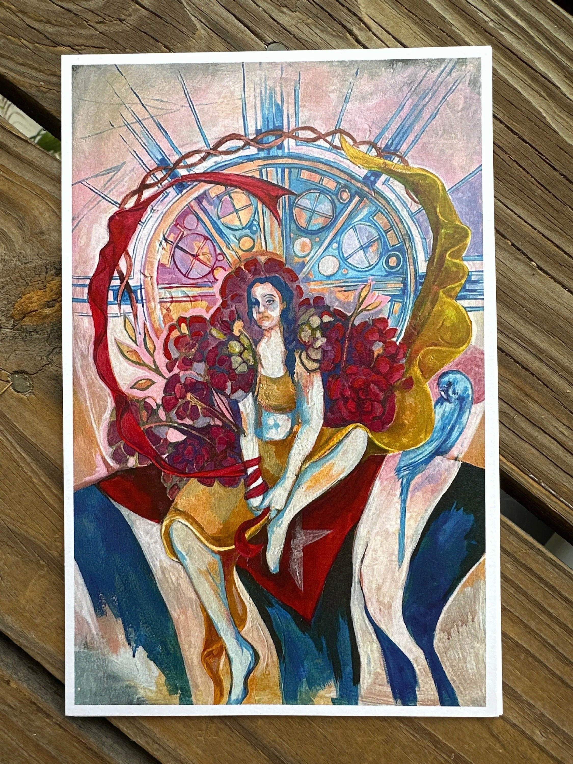Fairy scene depicted over stained glass-style colorful background.