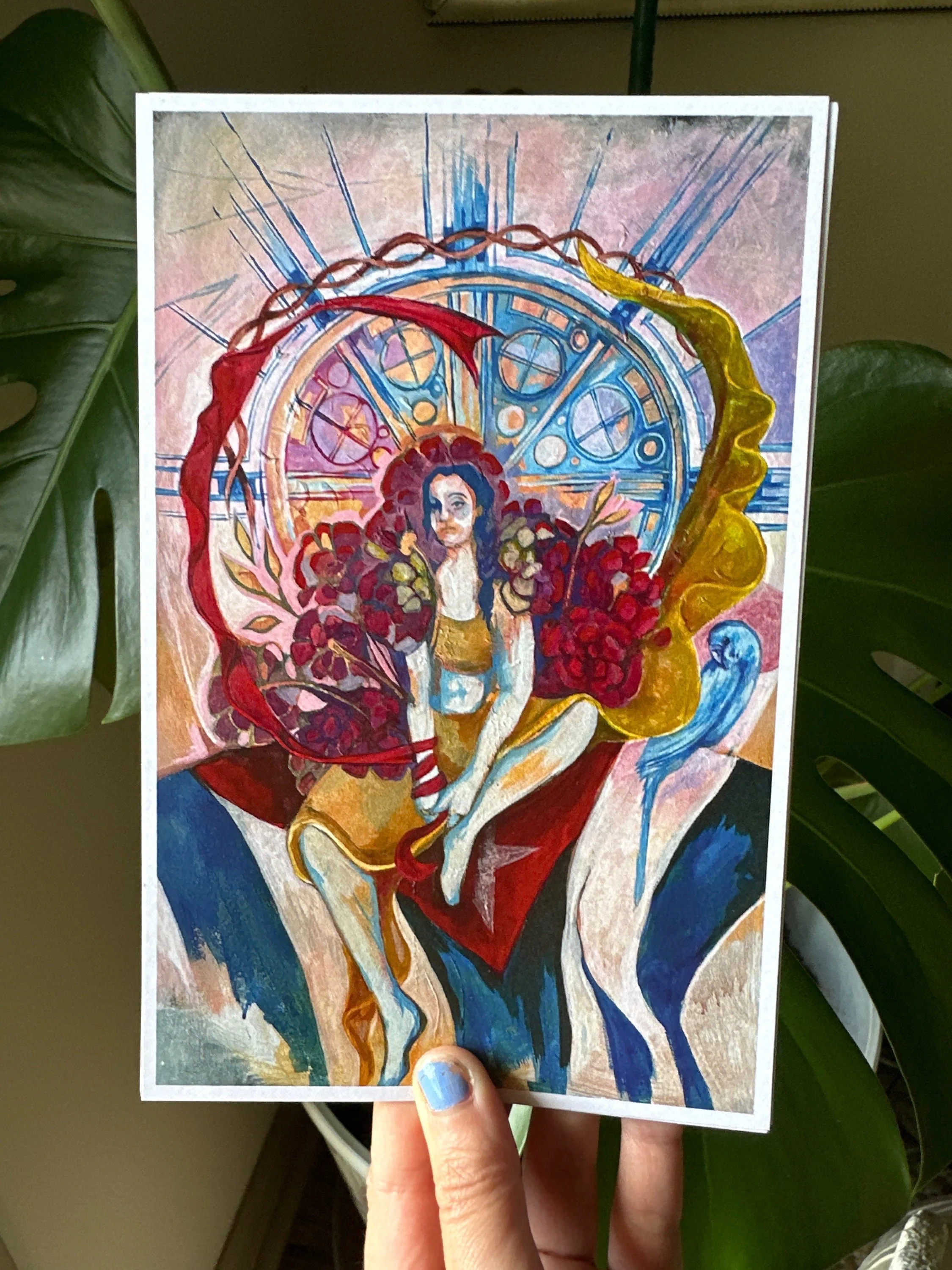 Fairy scene depicted over stained glass-style colorful background.