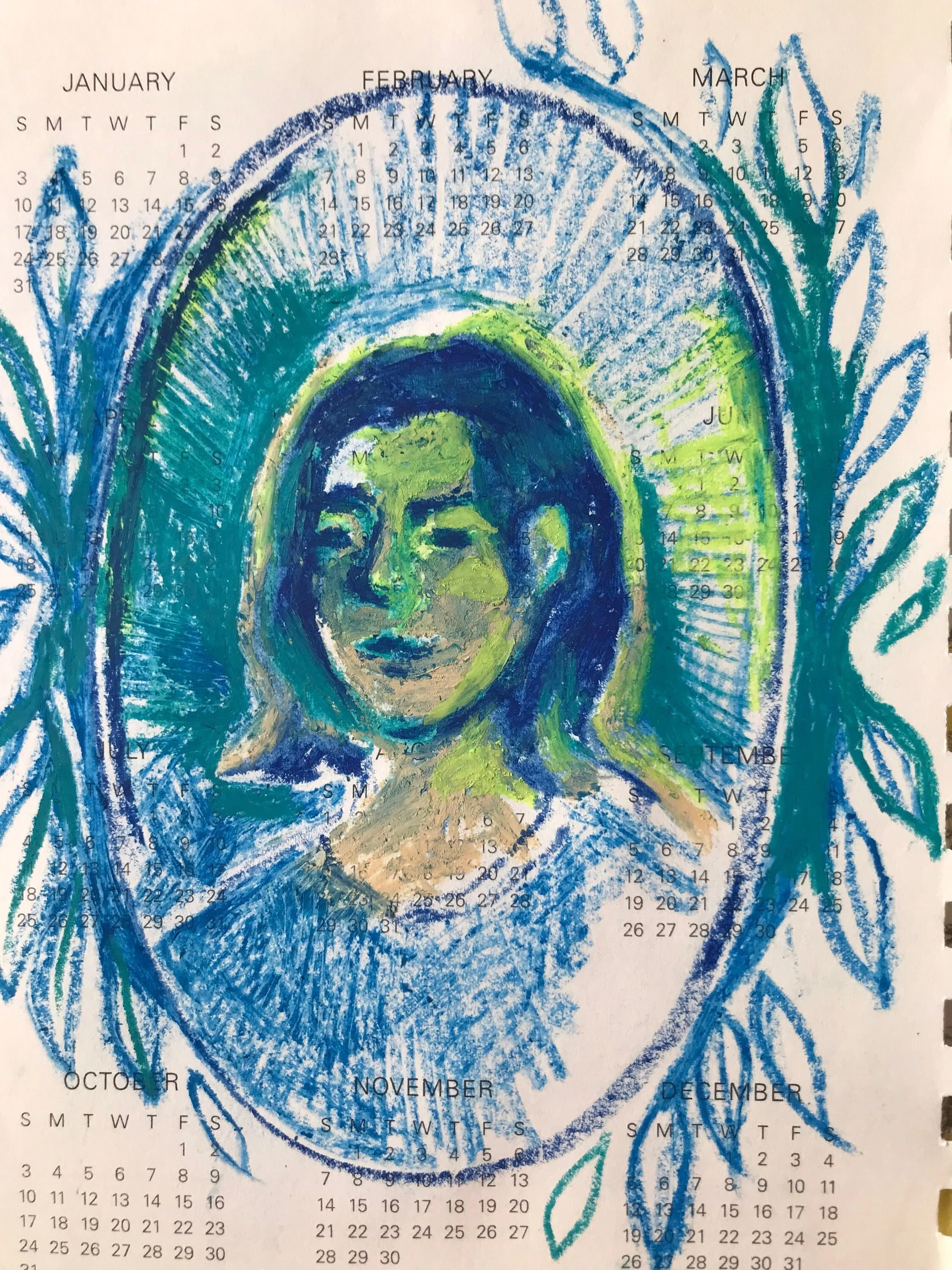 Pastel blue-toned painting portrait of a girl with soft features.
