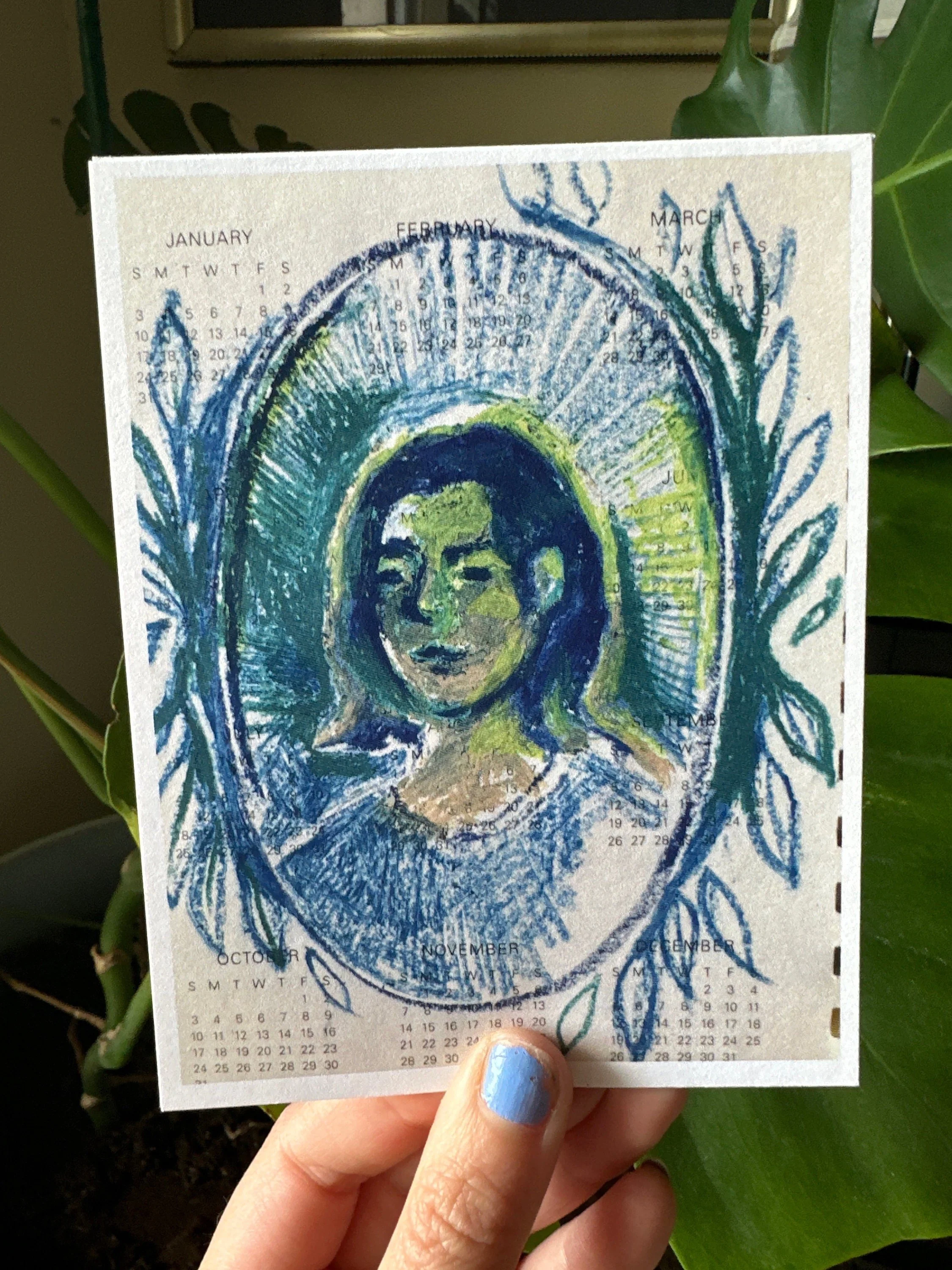 Pastel blue-toned painting portrait of a girl with soft features.