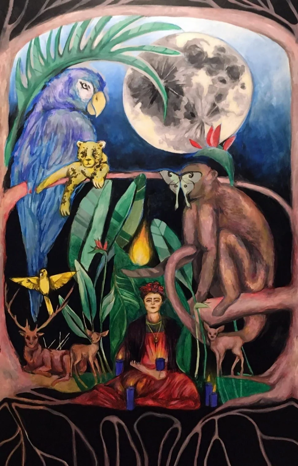 Painting of Frida Kahlo with vivid colors and expressive style.