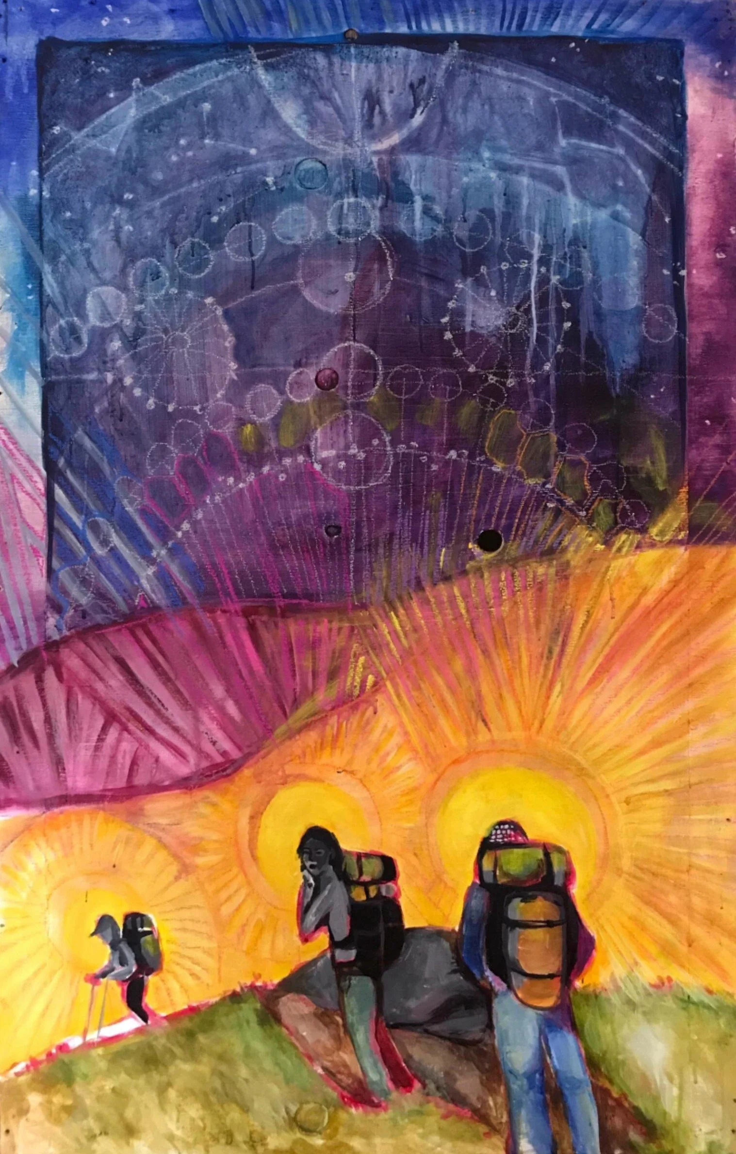 Art print of hikers standing before a galaxy sky and northern lights.
